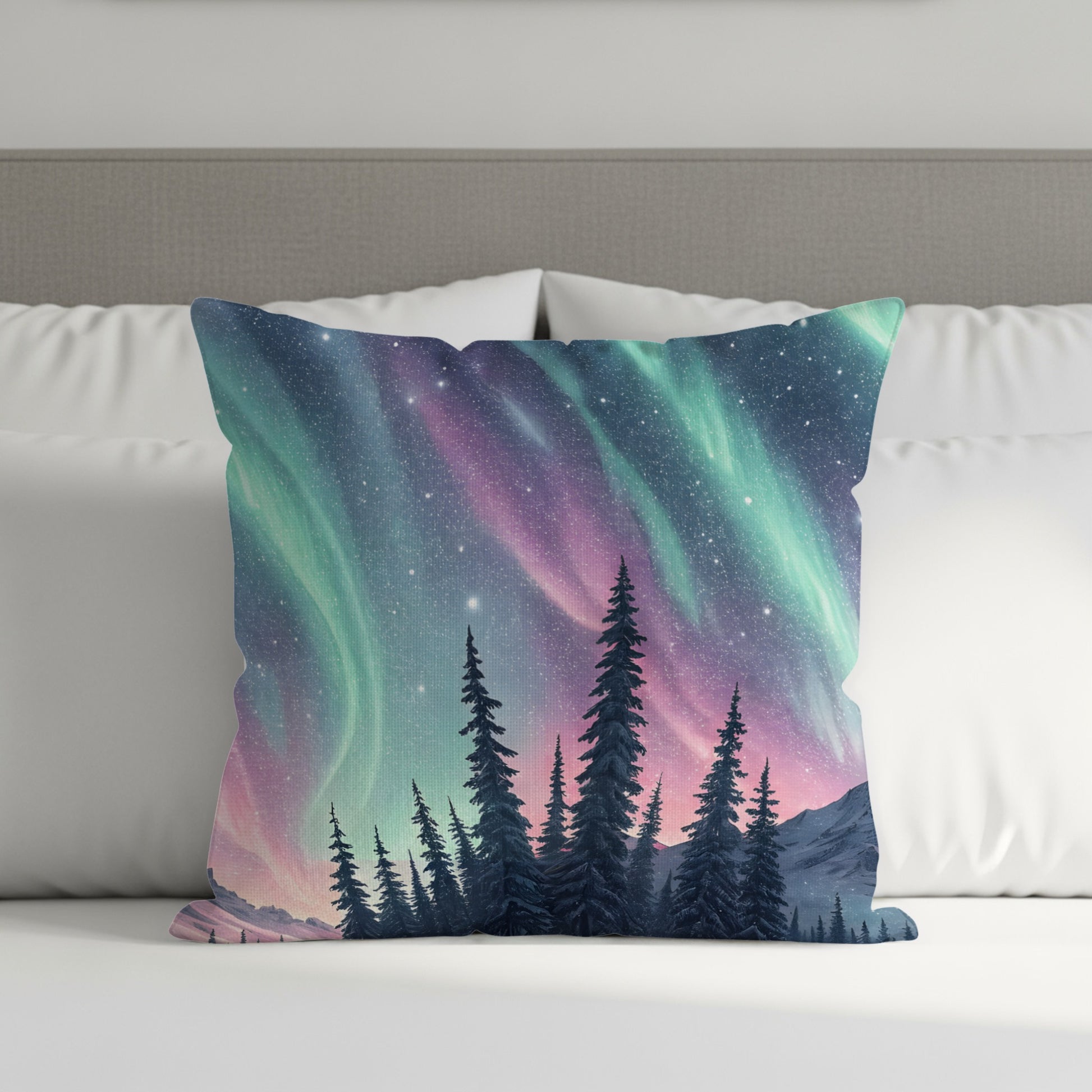 Northern Lights Aurora Borealis Forest Night Sky Pillow