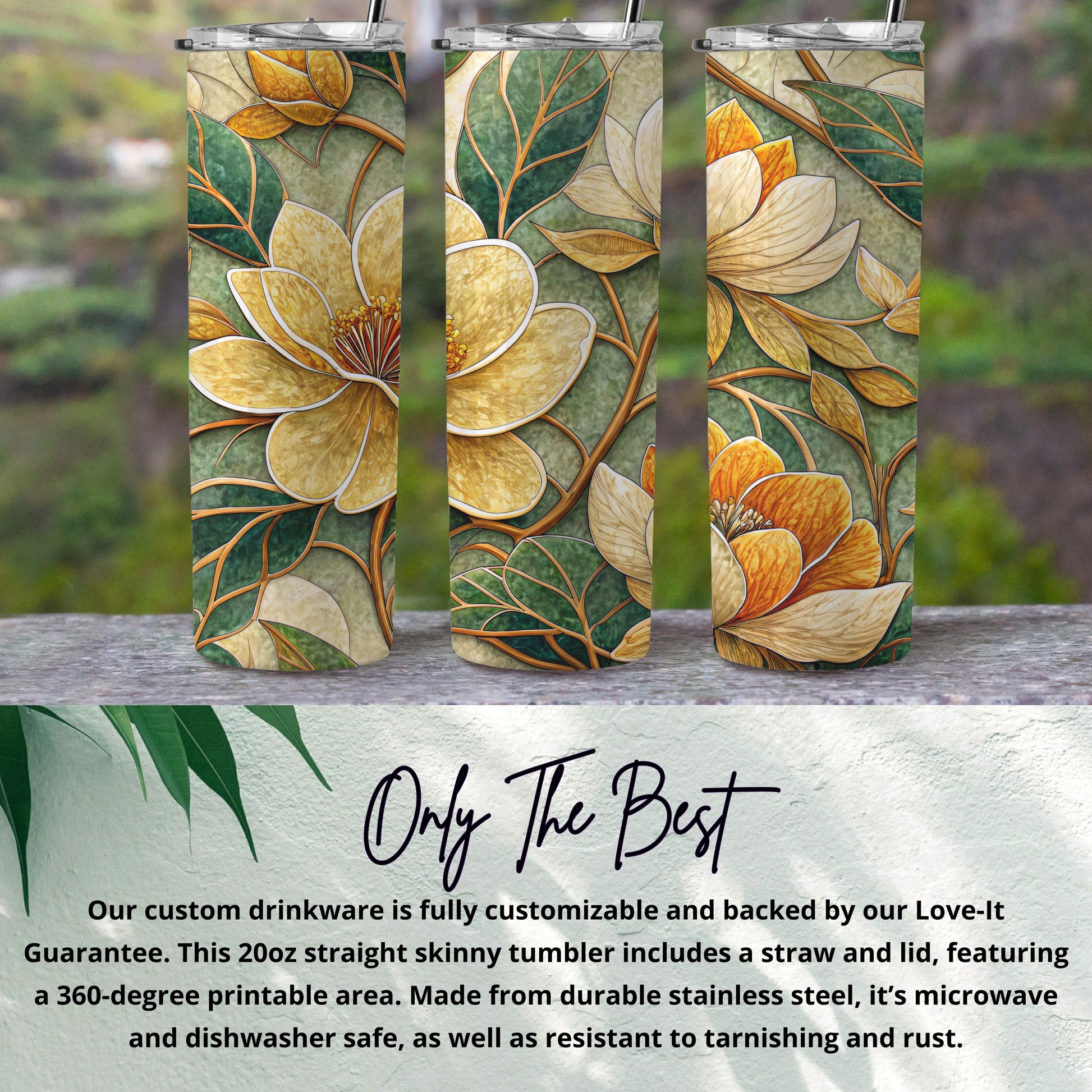 Floral Arrangement Yellow Flower and Green Leaves Art 20 oz Skinny Tumbler - Walk Greener