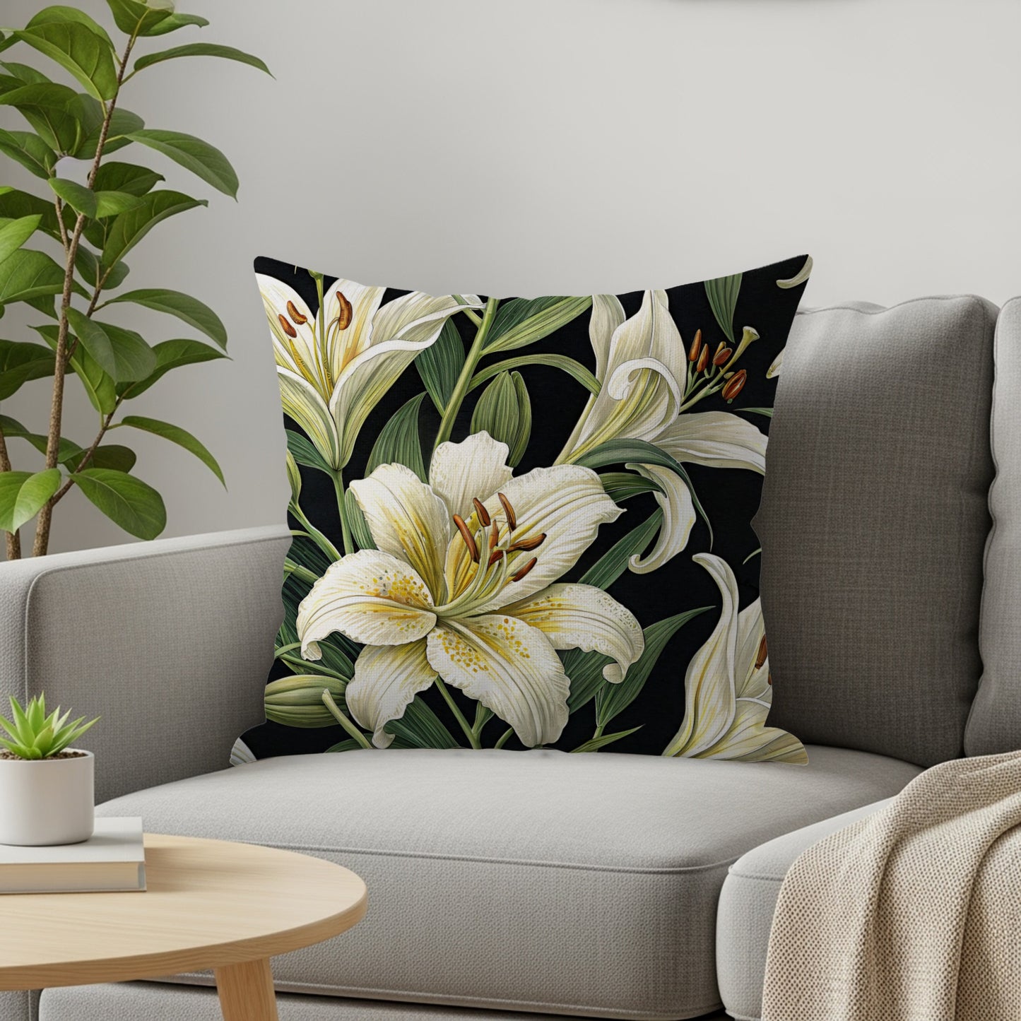 Elegant White Lily Floral Design Pillow Cushion
