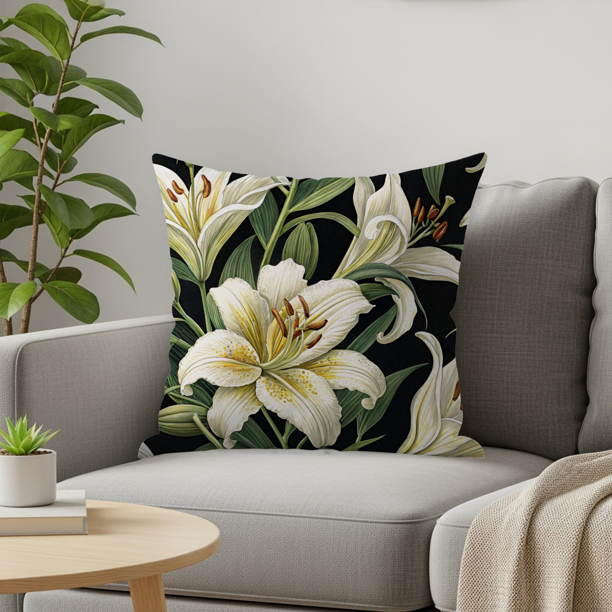 Elegant White Lily Floral Design Pillow Cushion