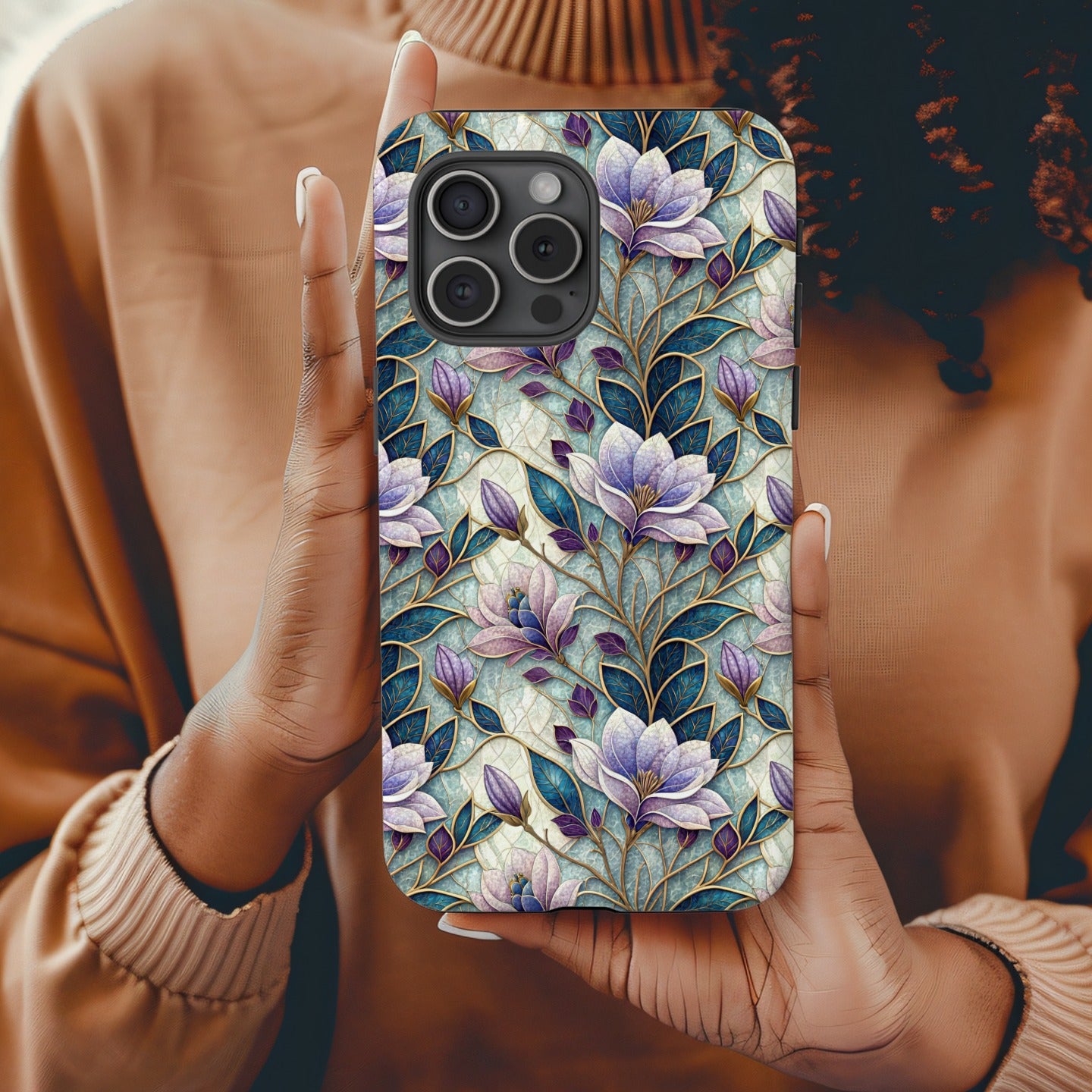 Floral Pattern Purple and Green Leaves Phone Case