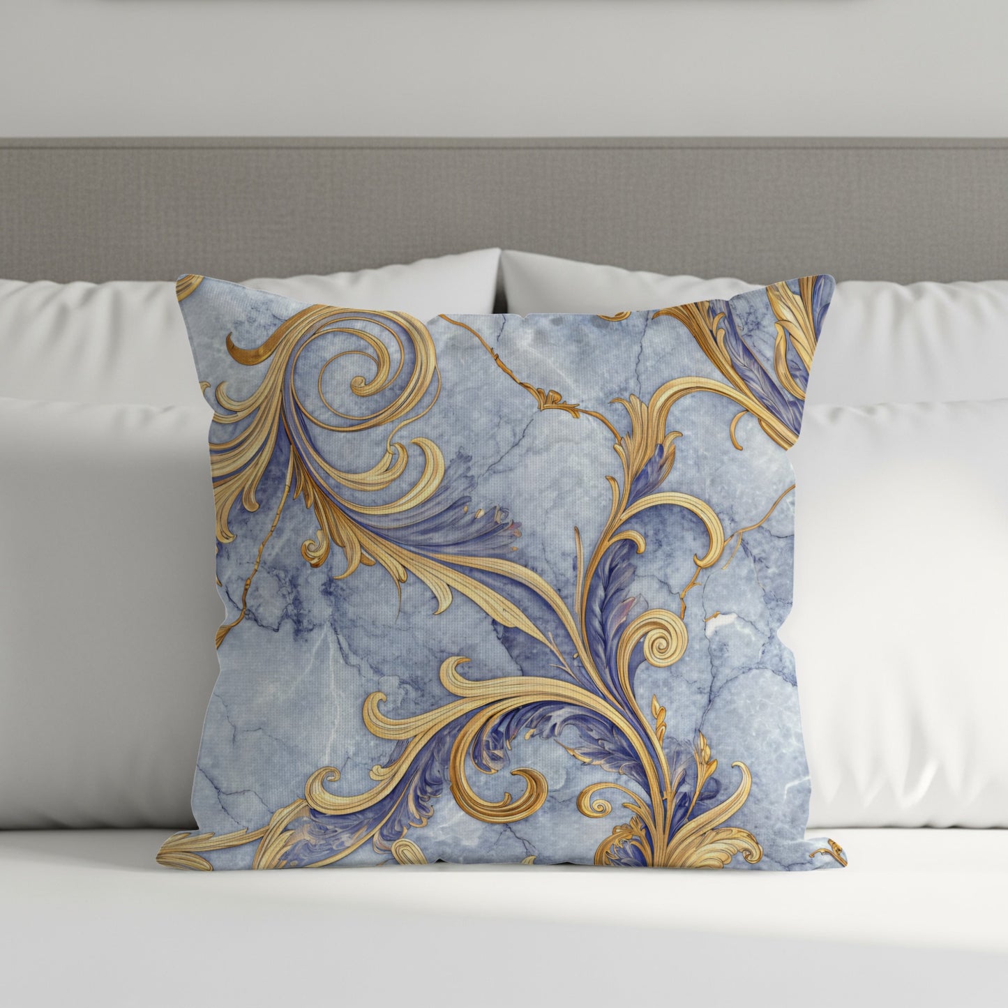Ornate Gold Floral on Blue Marble Decorative Floral Throw Pillows - Walk Greener