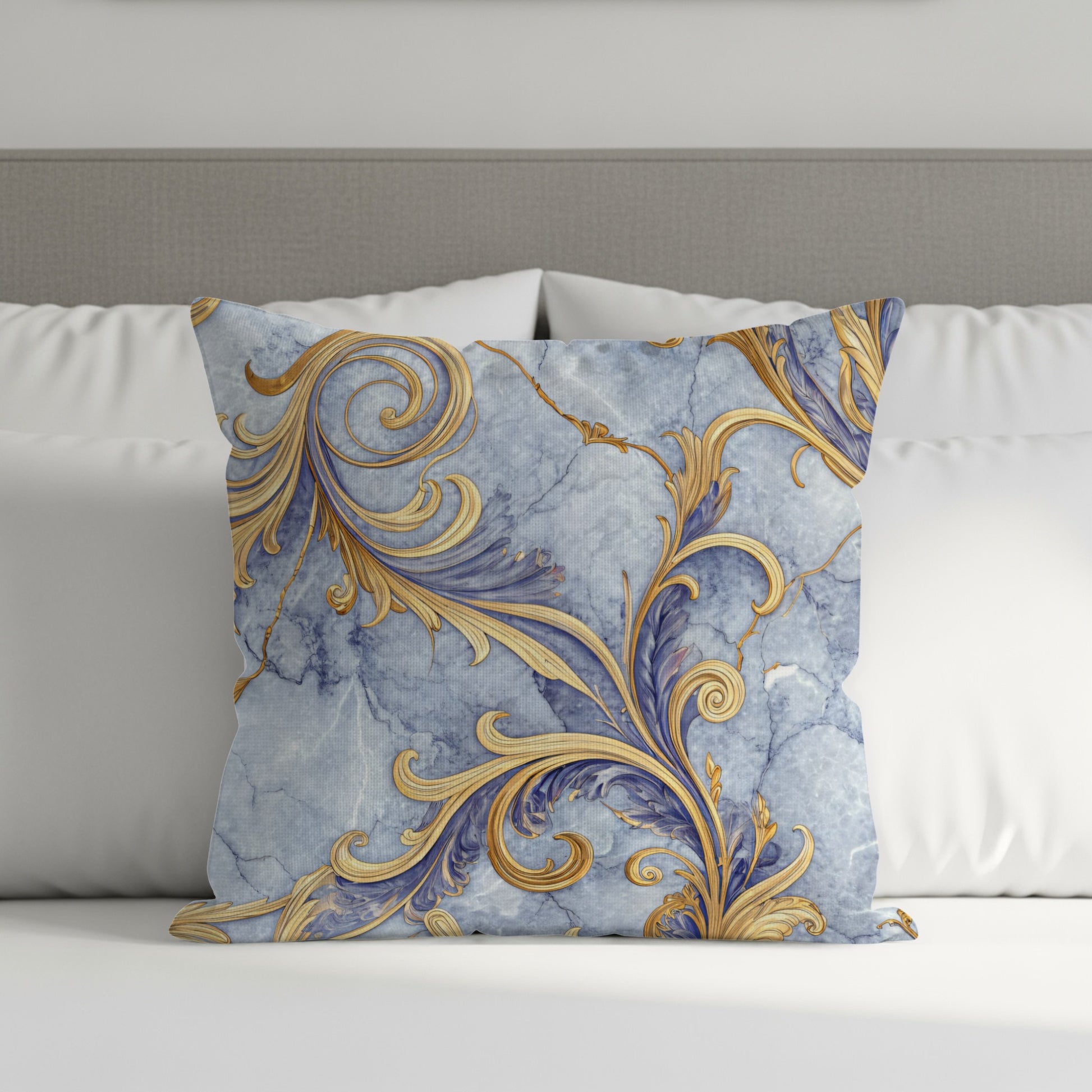 Ornate Gold Floral on Blue Marble Decorative Floral Throw Pillows - Walk Greener