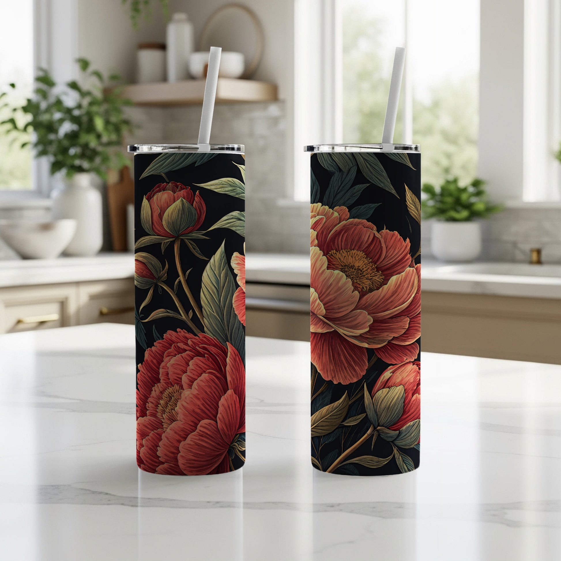 Floral Design Tumblers with Straw for Beverages