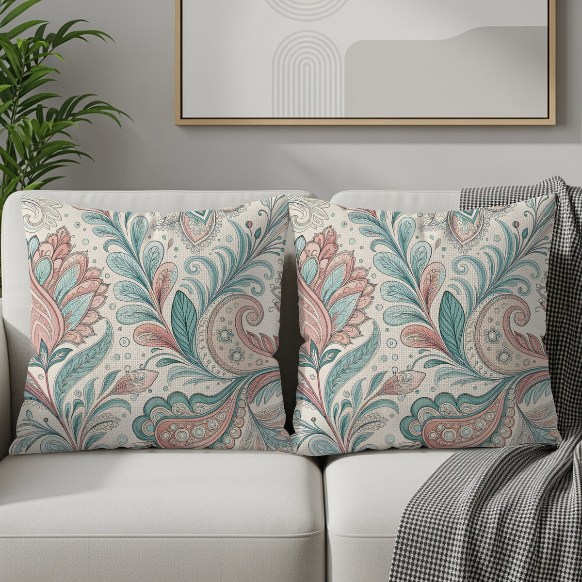Pastel floral paisley throw pillow shown in a smaller size option on an armchair