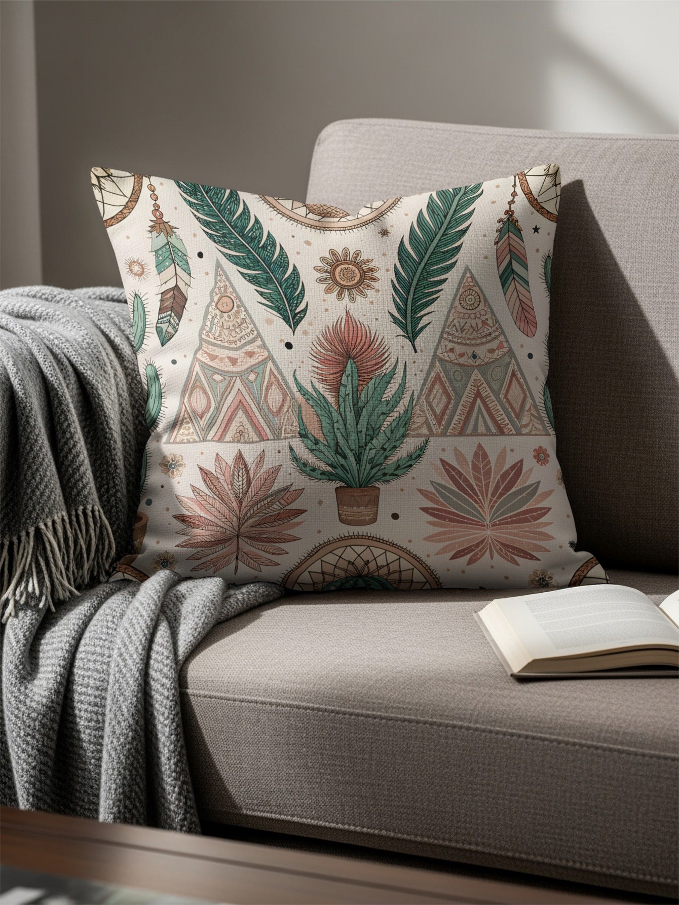 Boho Chic Decorative Throw Pillow with Feather Design