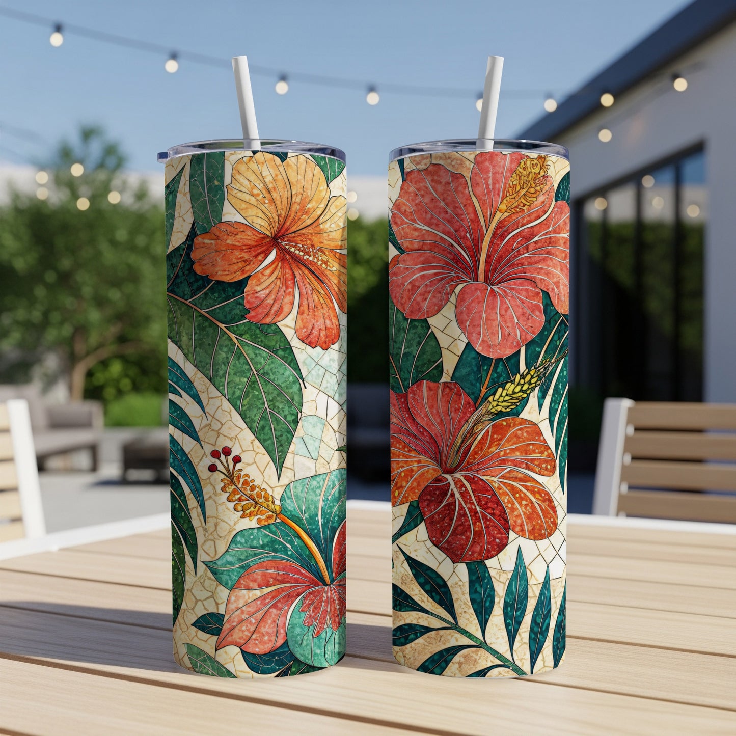 Hibiscus Flowers with Mosaic Background Illustration 20 oz Skinny Tumbler - Walk Greener