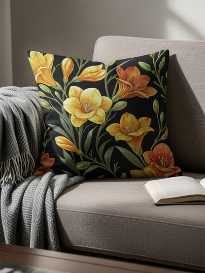 Vibrant Yellow and Orange Floral Design Cushion Cover