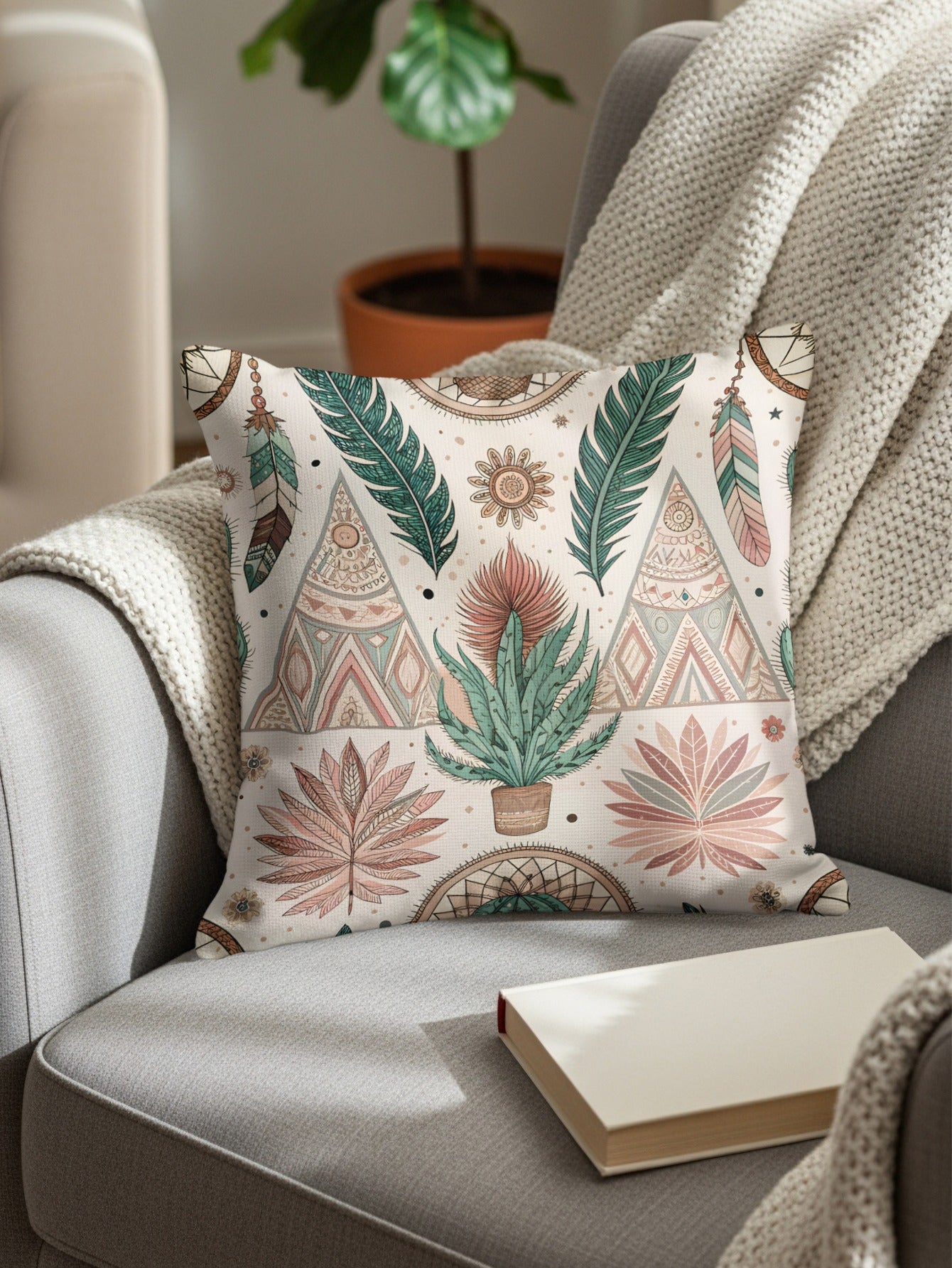 Boho Chic Pillow with Plant Feathers and Mandala Design