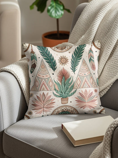 Boho Chic Pillow with Plant Feathers and Mandala Design