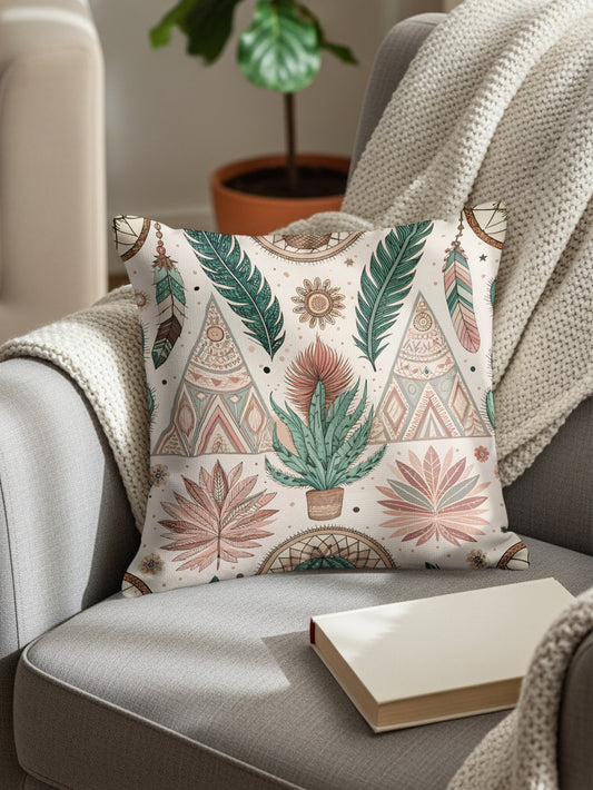 Boho Chic Pillow with Plant Feathers and Mandala Design