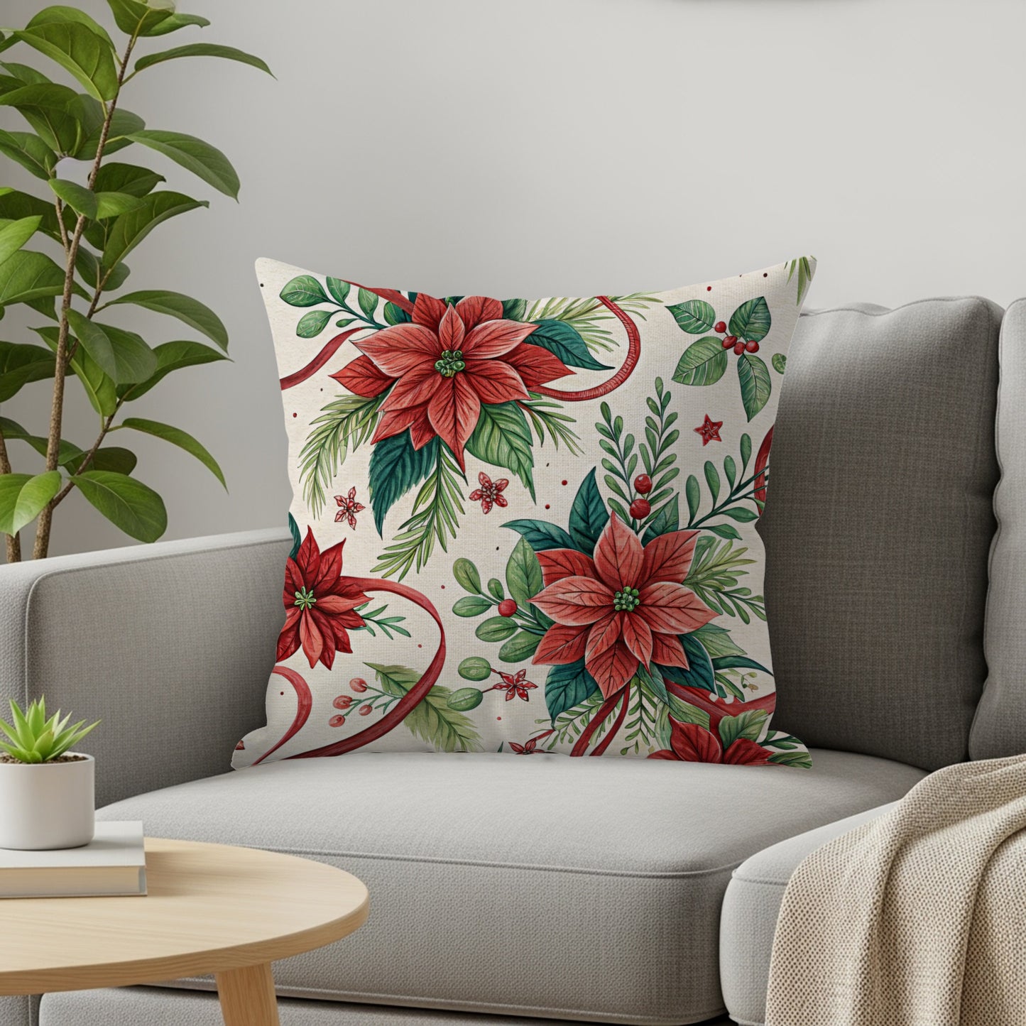 Festive Poinsettia Christmas Floral Pillow Cushion