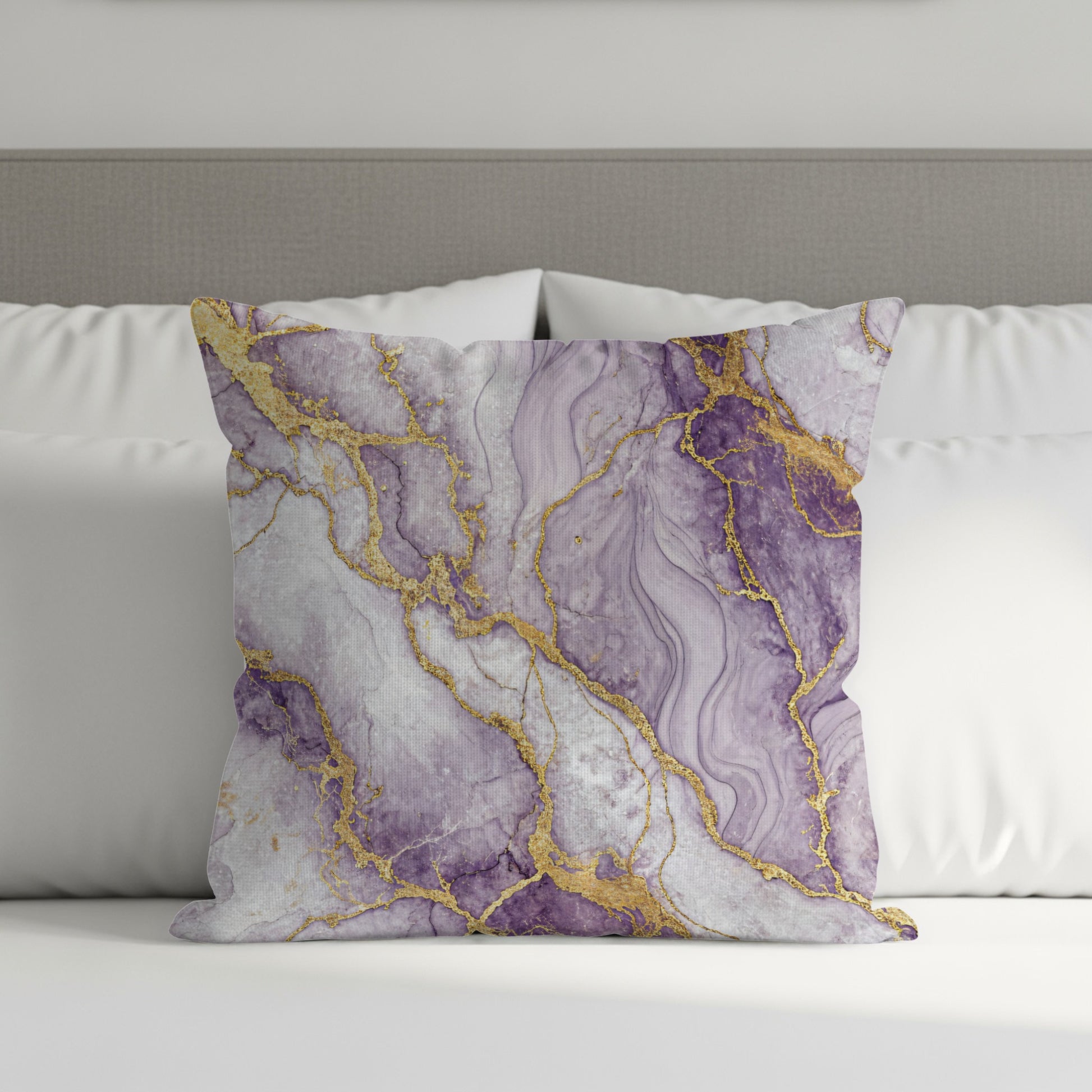 Elegant Purple Gold Accent Abstract Swirl Decorative Floral Throw Pillows - Walk Greener