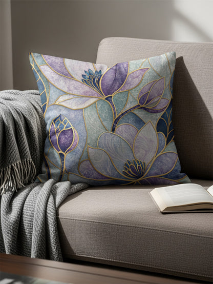 Blue Purple Floral Stained Glass Style Pattern Throw Pillows - Walk Greener