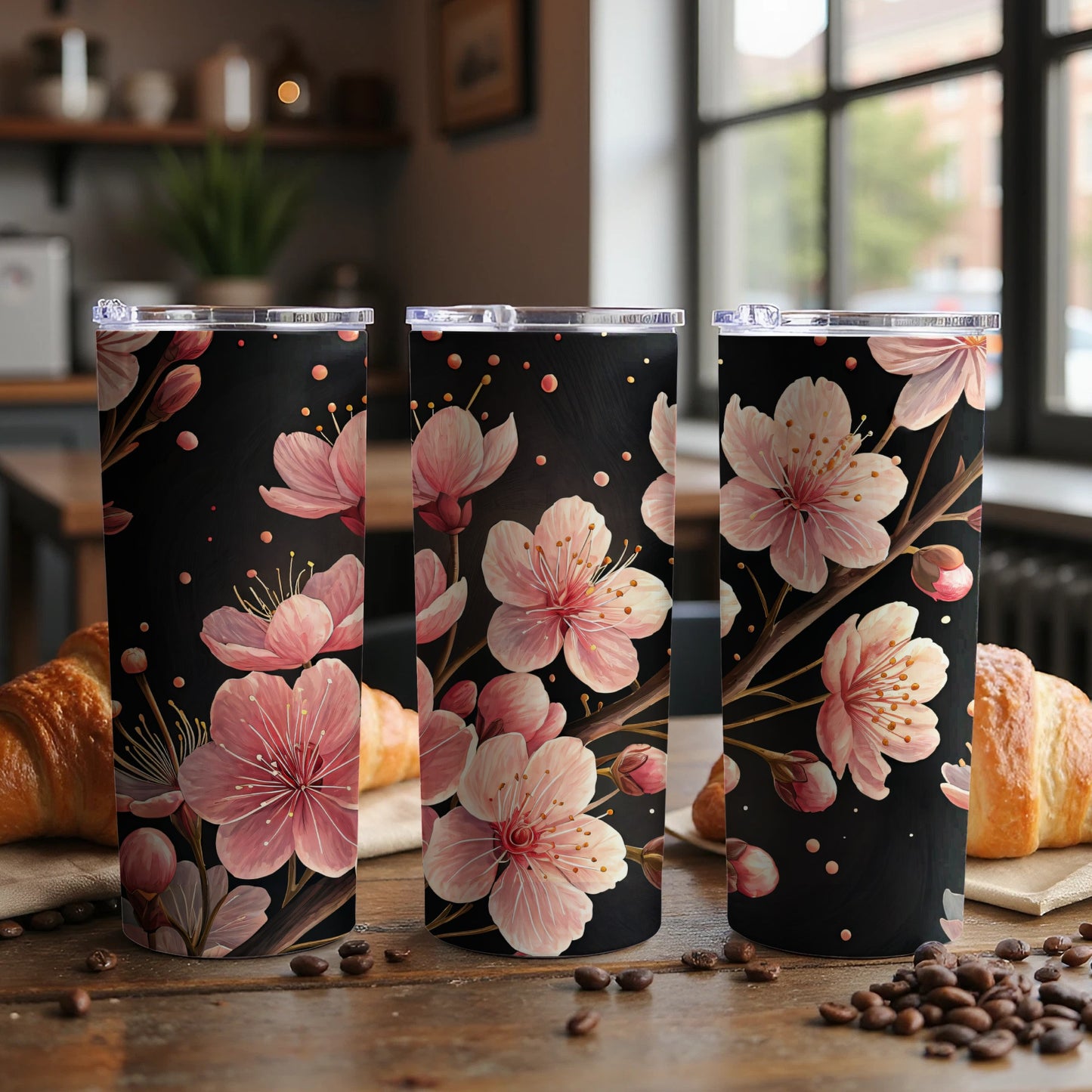 Elegant Floral Pink Blossom Tumbler with Artistic Design