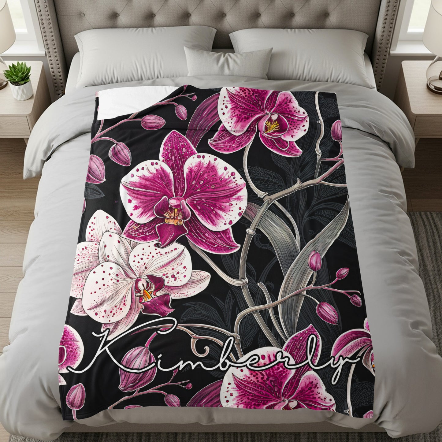 Custom Name Floral Design with Orchids on a Black Backdrop - Walk Greener