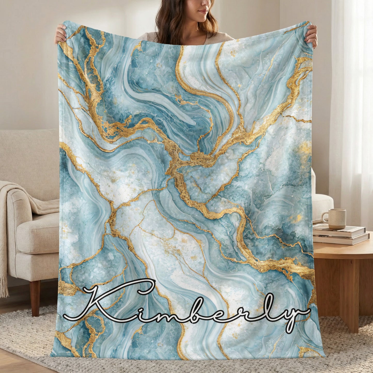 Abstract Blue Gold Custom Name Blanket Personalized - Walk Greener