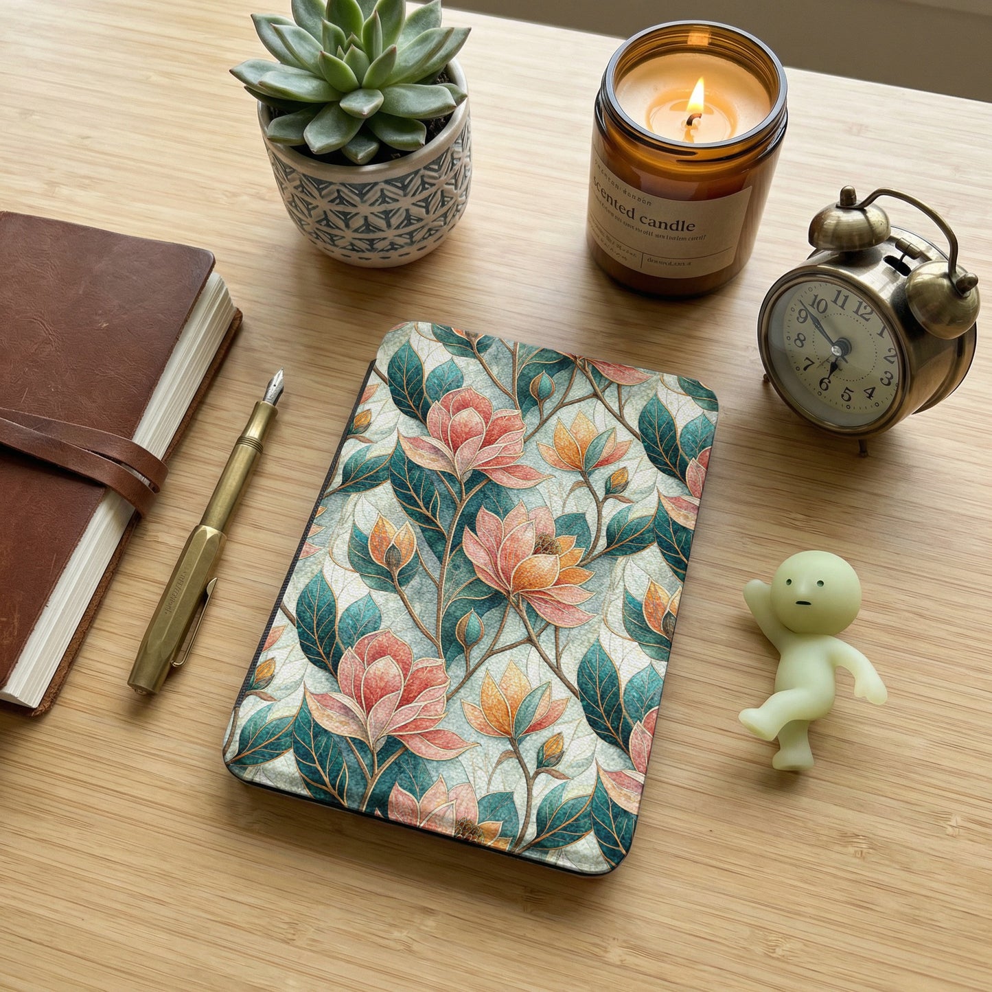 Floral Tablet Cover with Vintage Clock Design