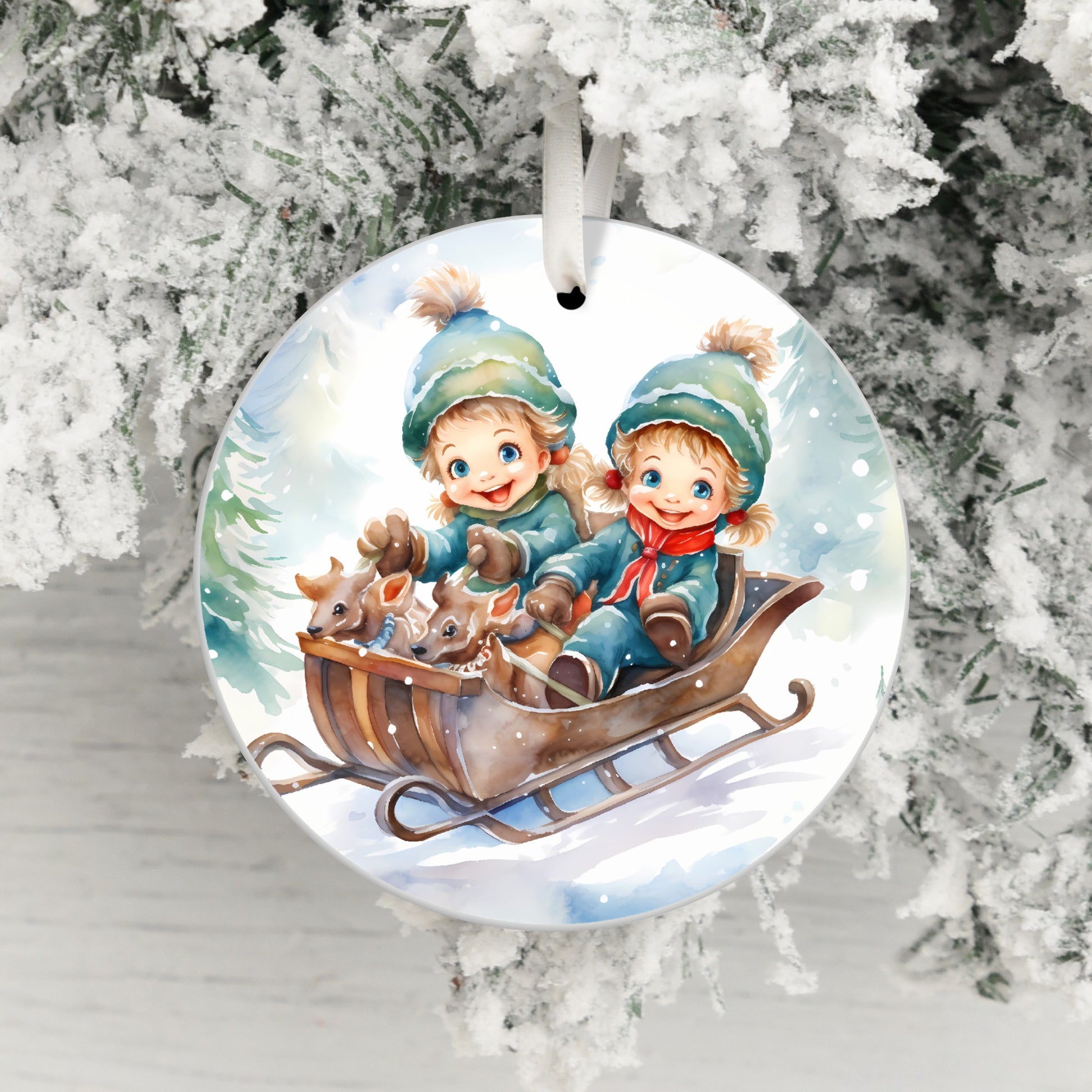 Cute Children with Deer Sleigh Christmas Ornament product