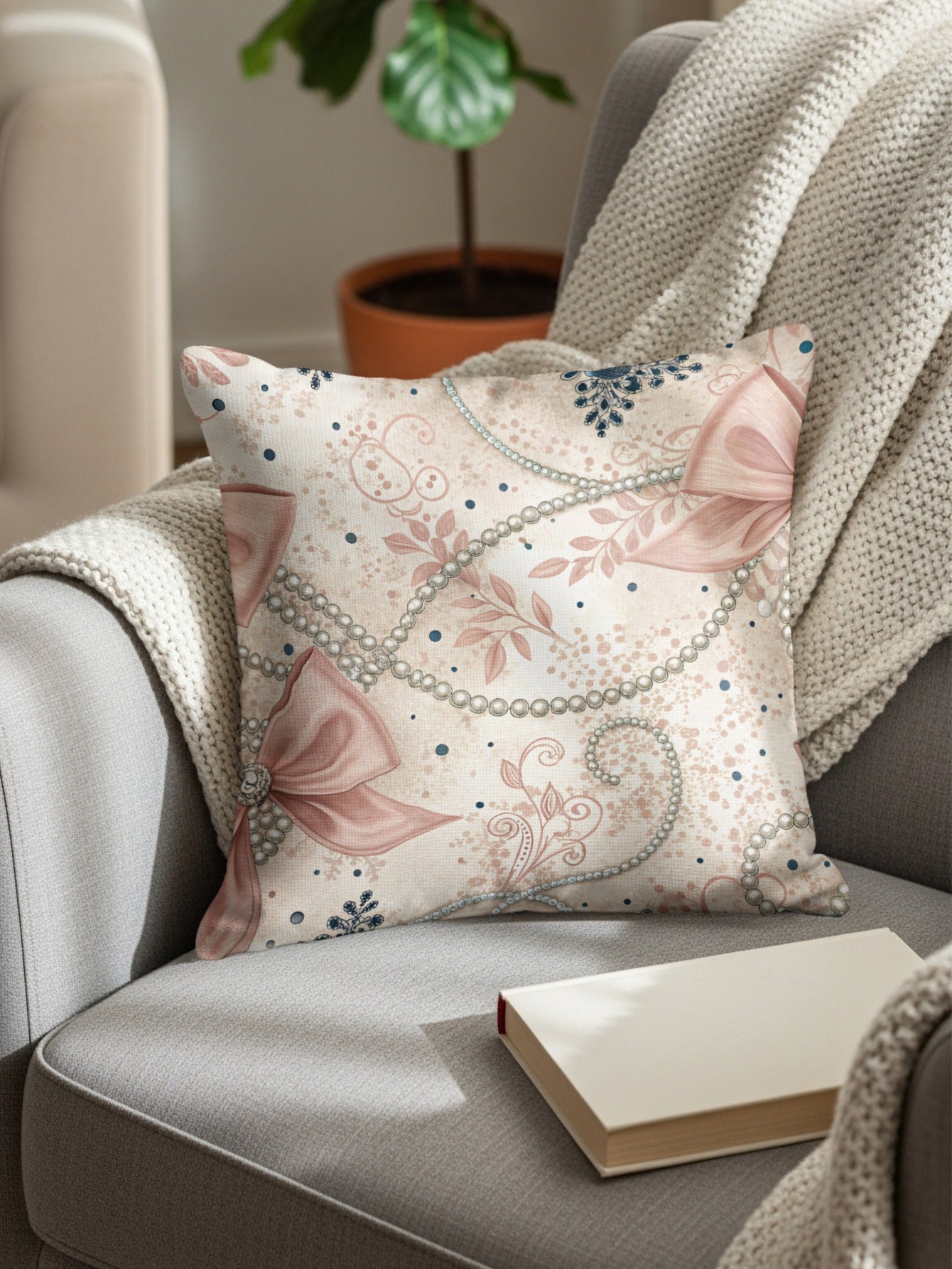 Bows With Pearls Creamy Background Print Pattern Pillows & Pillow Cases - Walk Greener