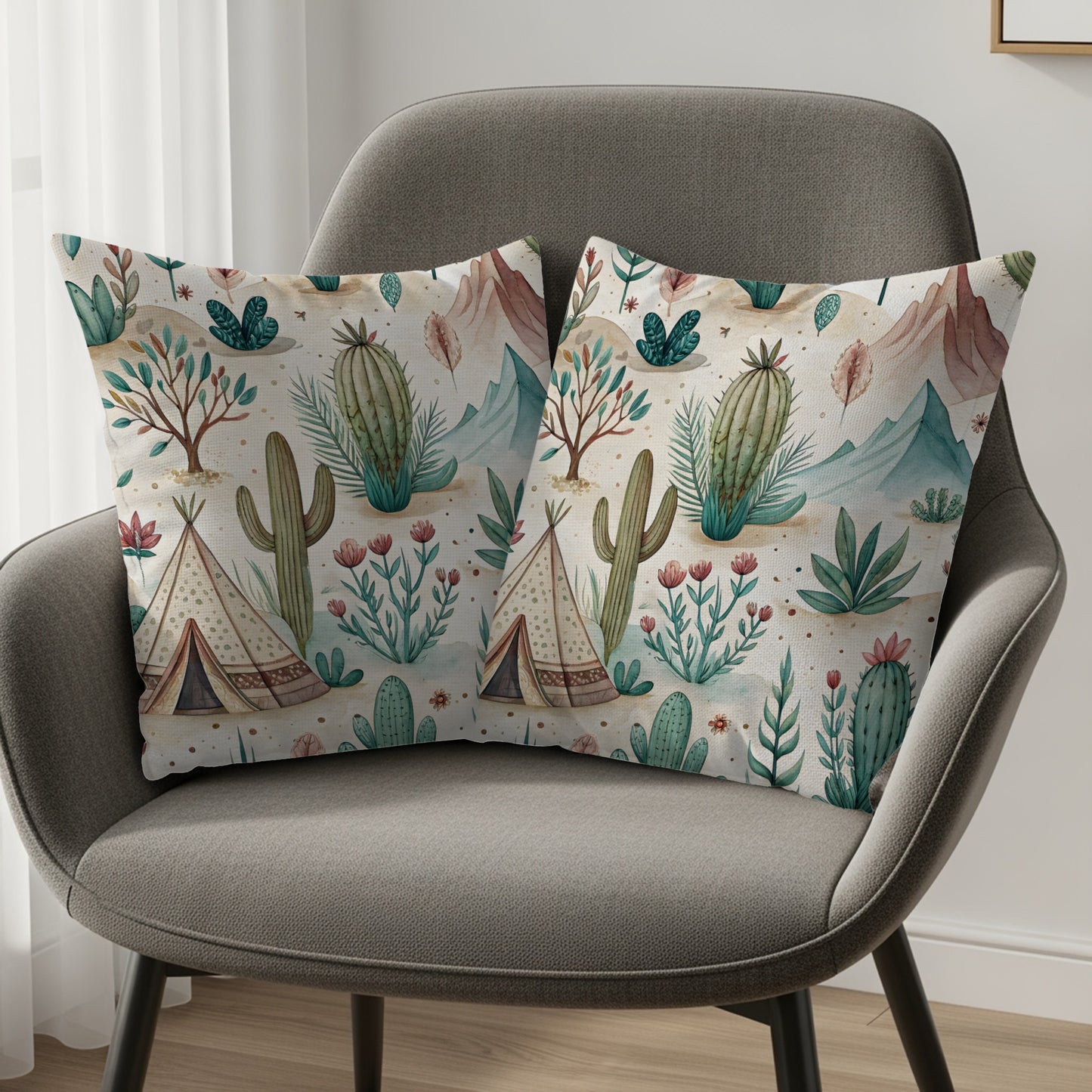 Watercolor Desert Scene Cactus and Tent Pattern Pillows & Pillow Cases - Walk Greener
