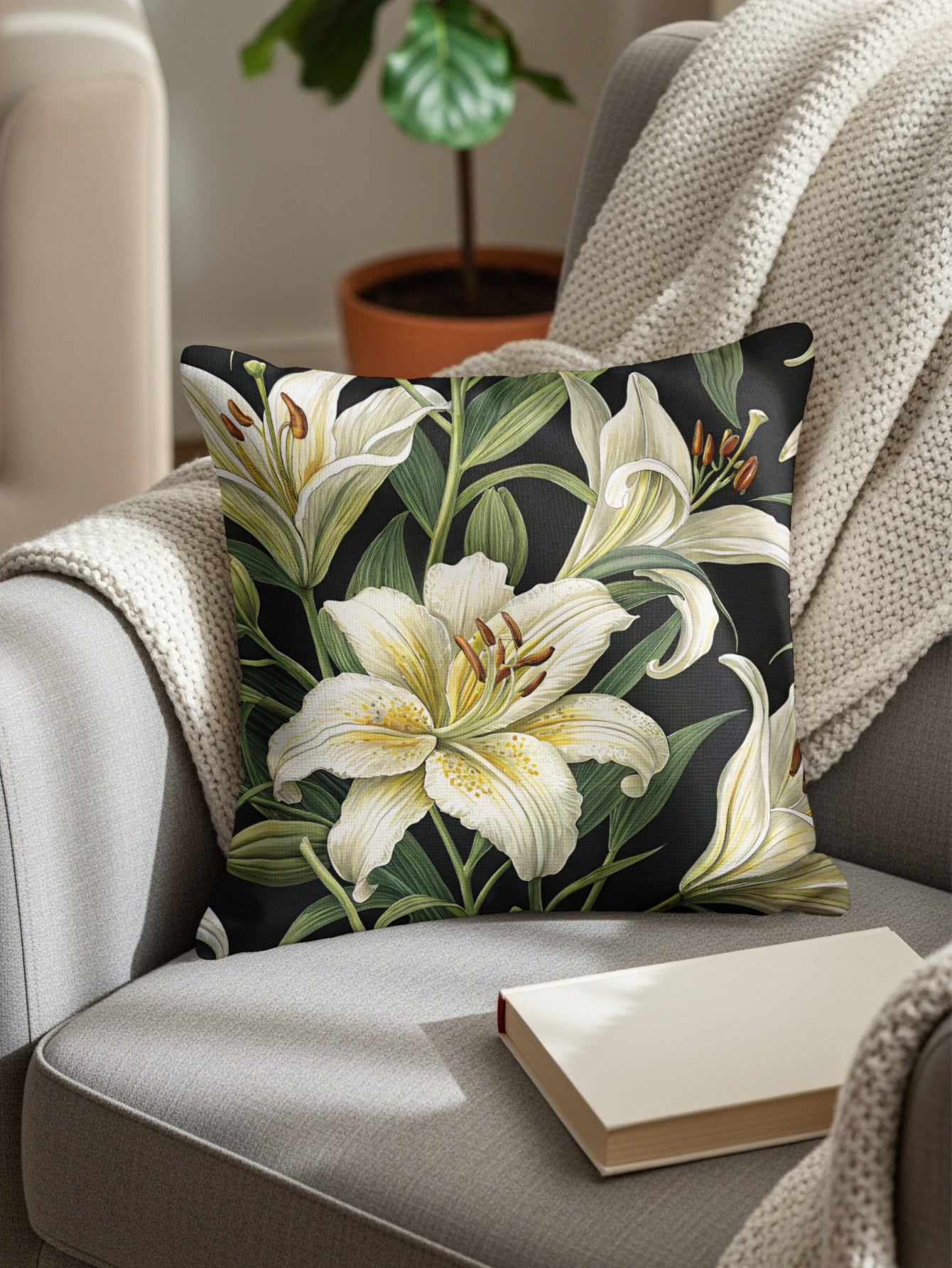 Elegant White Lily Floral Design Throw Pillow Cover