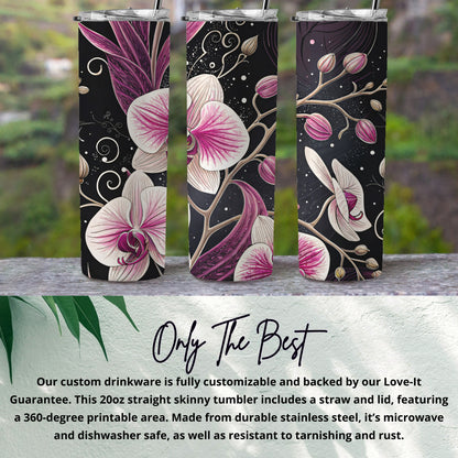 Pink Orchids On Black With Swirls Floral Art Tumblers - Walk Greener