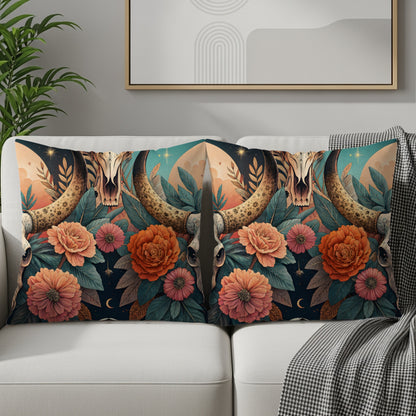 Vibrant Bull Skull and Floral Print Decorative Pillow Covers