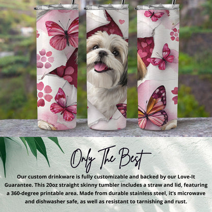 Pink Butterflies and Dog Design Skinny Tumbler