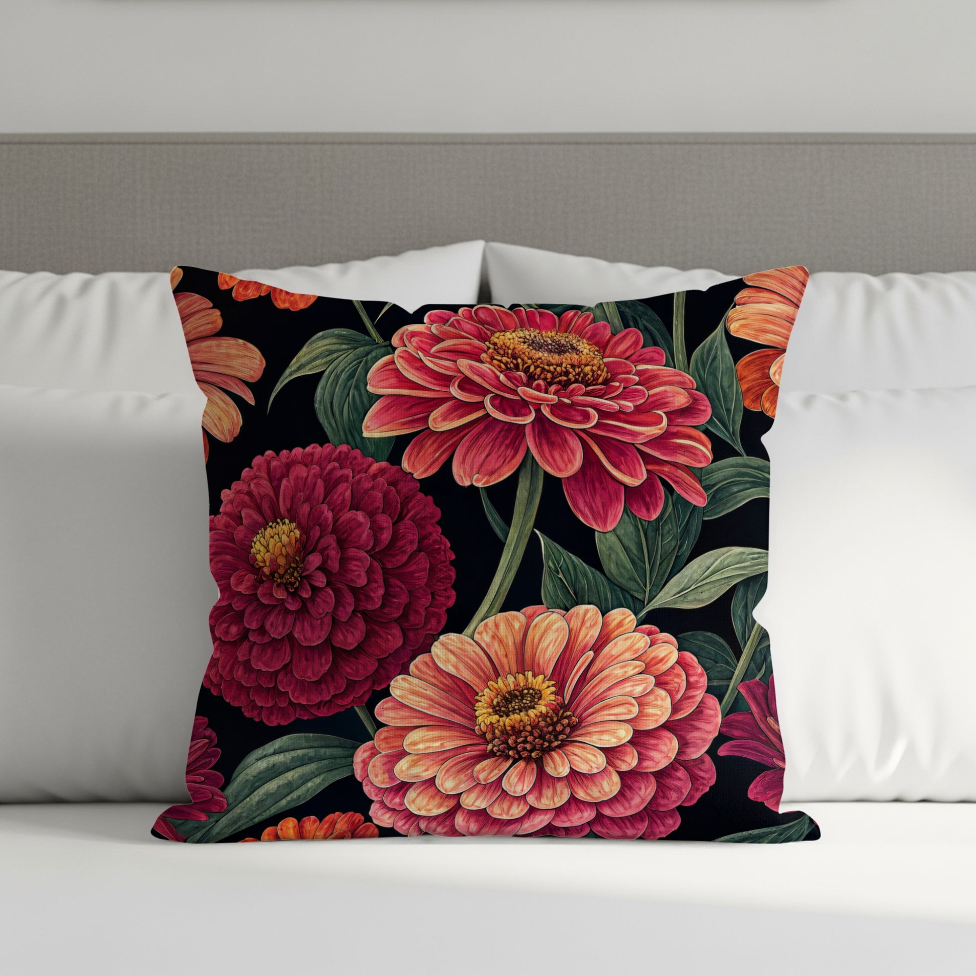 Bold Blooming Zinnias on Black Decorative Floral Throw Pillows - Walk Greener