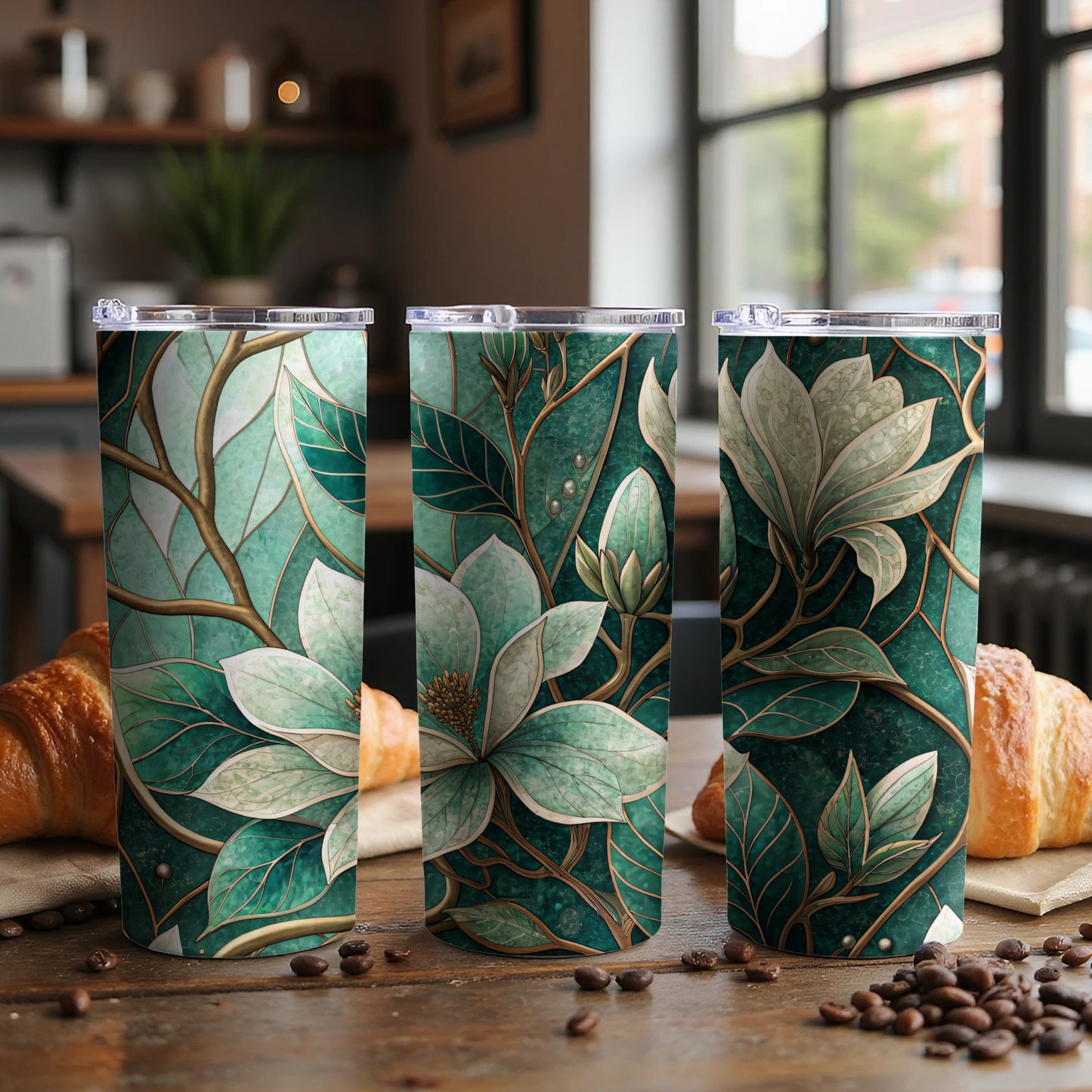 Floral Fantasy With Emerald Leaves and Ivory Flowers 20 oz Skinny Tumbler - Walk Greener