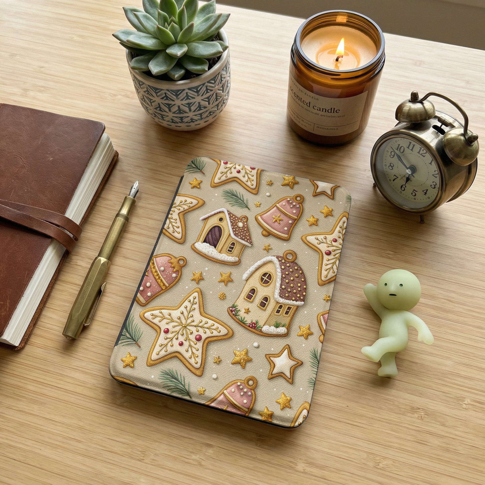 Festive Gingerbread and Stars Patterned Hardcover Notebook