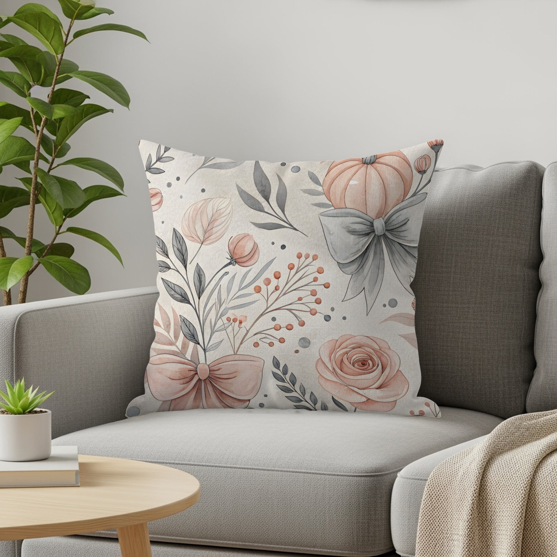 Floral Decorative Pillow with Elegant Rose and Bow Design
