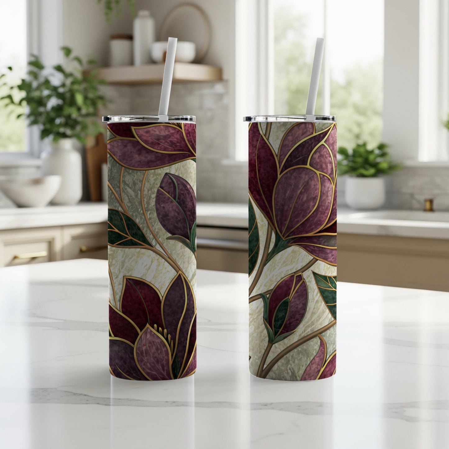 Floral Design with Elegant Golden Outlines 20 oz Skinny Tumbler - Walk Greener