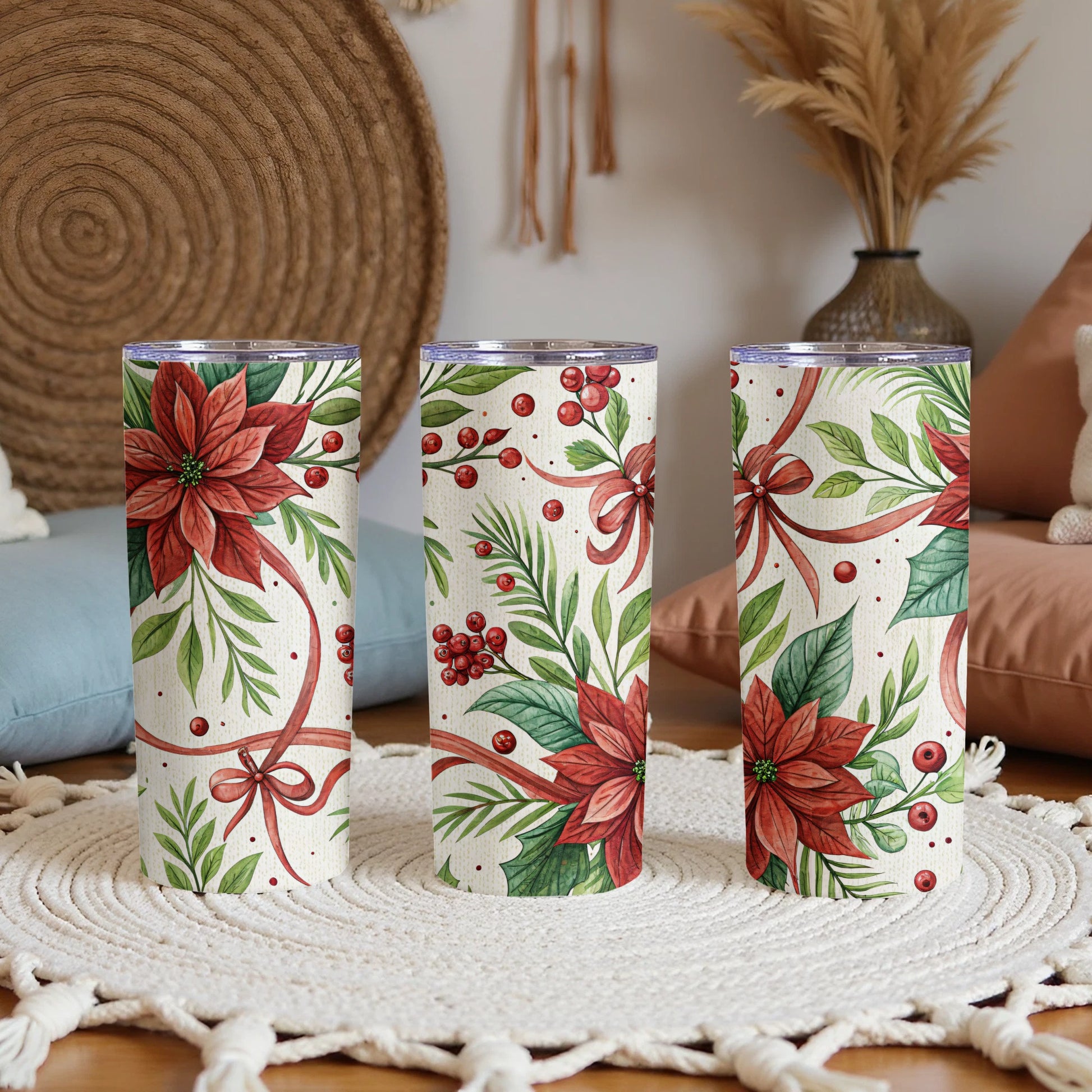 Festive Floral and Berry Design Insulated Tumbler Set