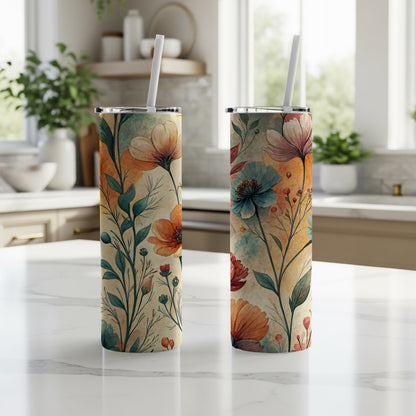 Watercolor Floral Pattern Botanical 20 oz Skinny Tumbler - Walk Greener