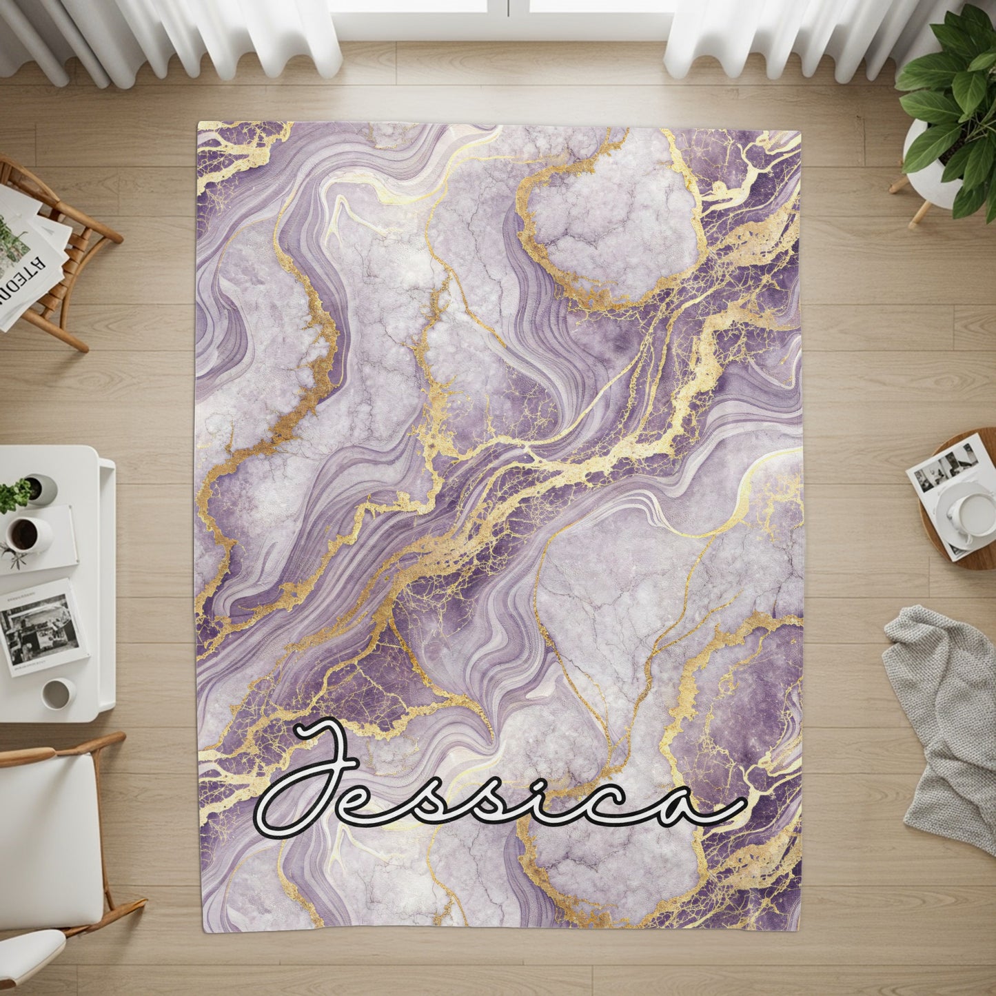 Personalized Purple and Gold Marble Design Rug