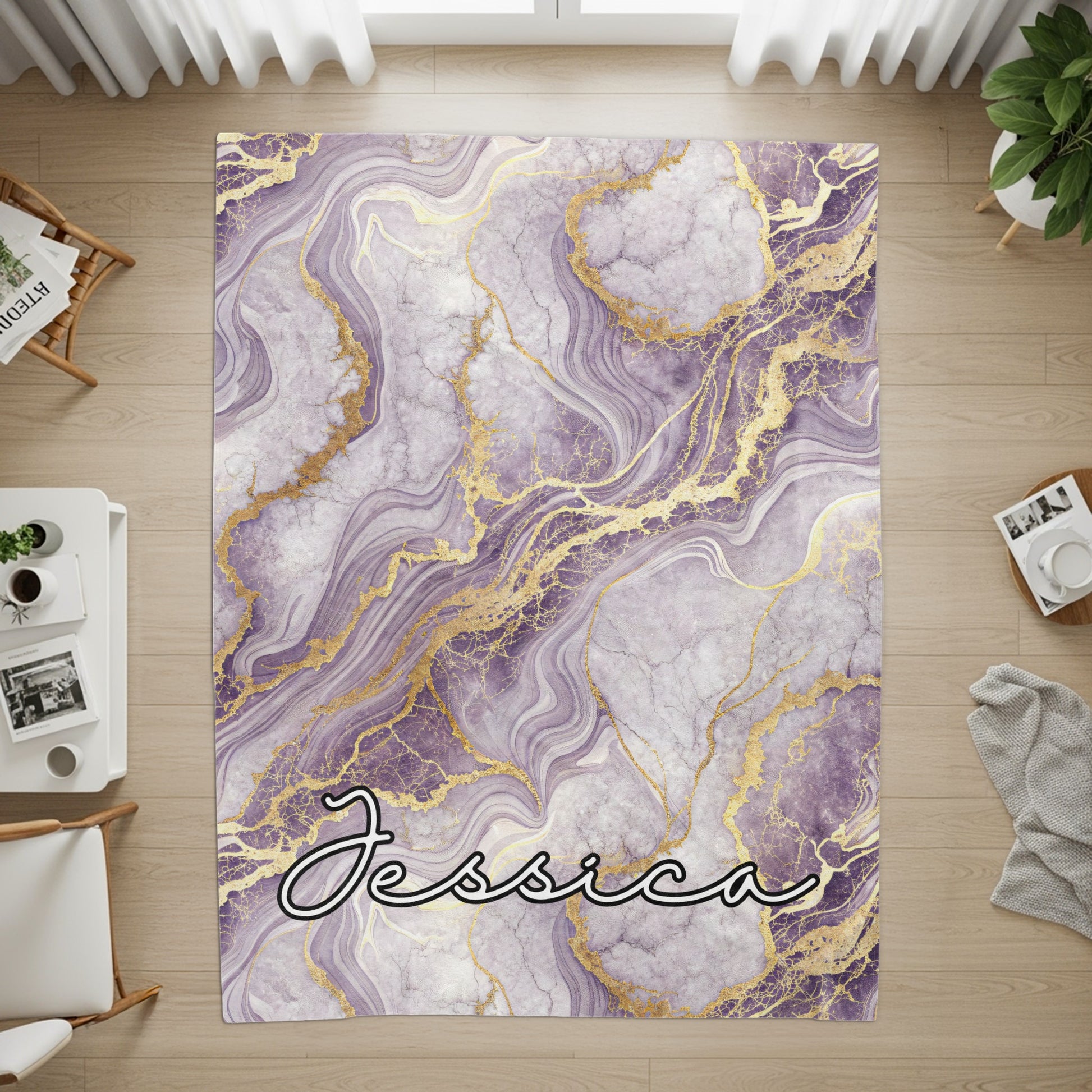 Personalized Purple and Gold Marble Design Rug