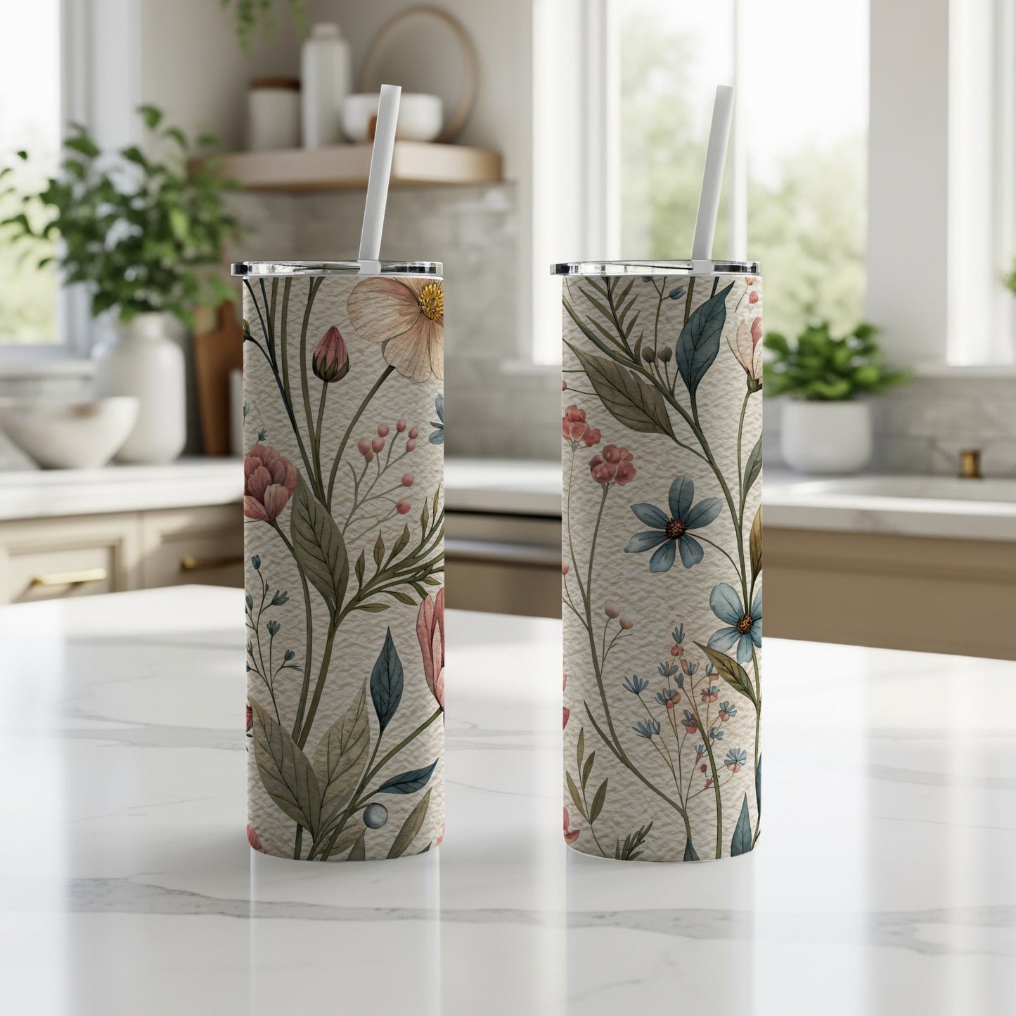 Watercolor Floral Pattern With Pastel Background 20 oz Skinny Tumbler - Walk Greener