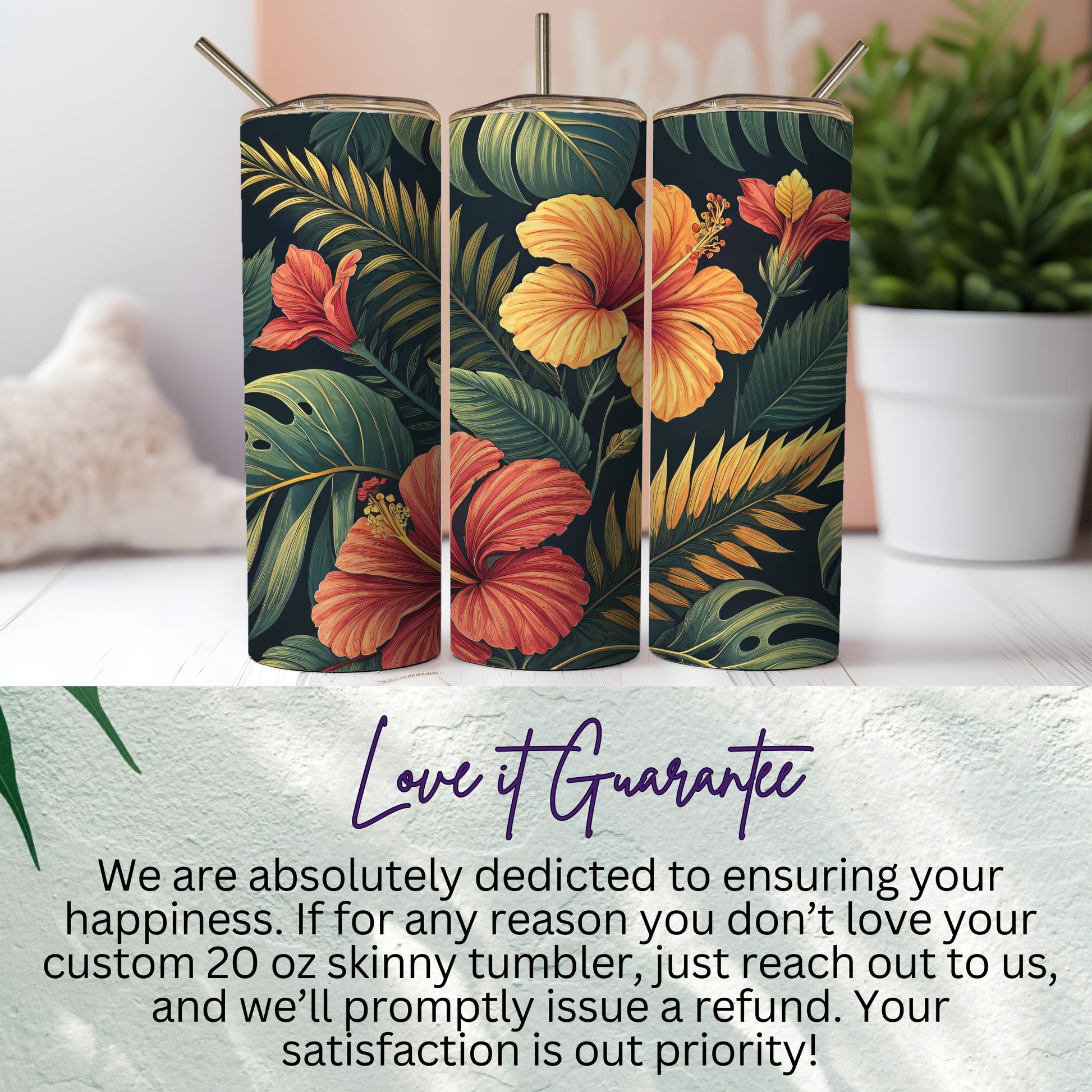 Tropical Hibiscus and Leaf Print Skinny Tumbler 20 oz