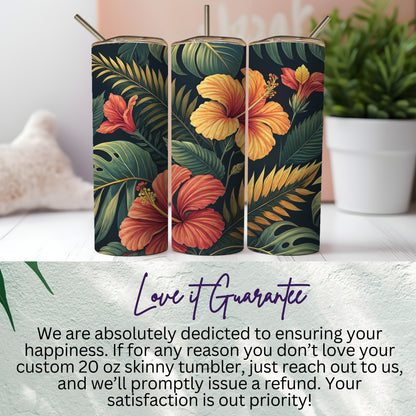 Tropical Hibiscus and Leaf Print Skinny Tumbler 20 oz