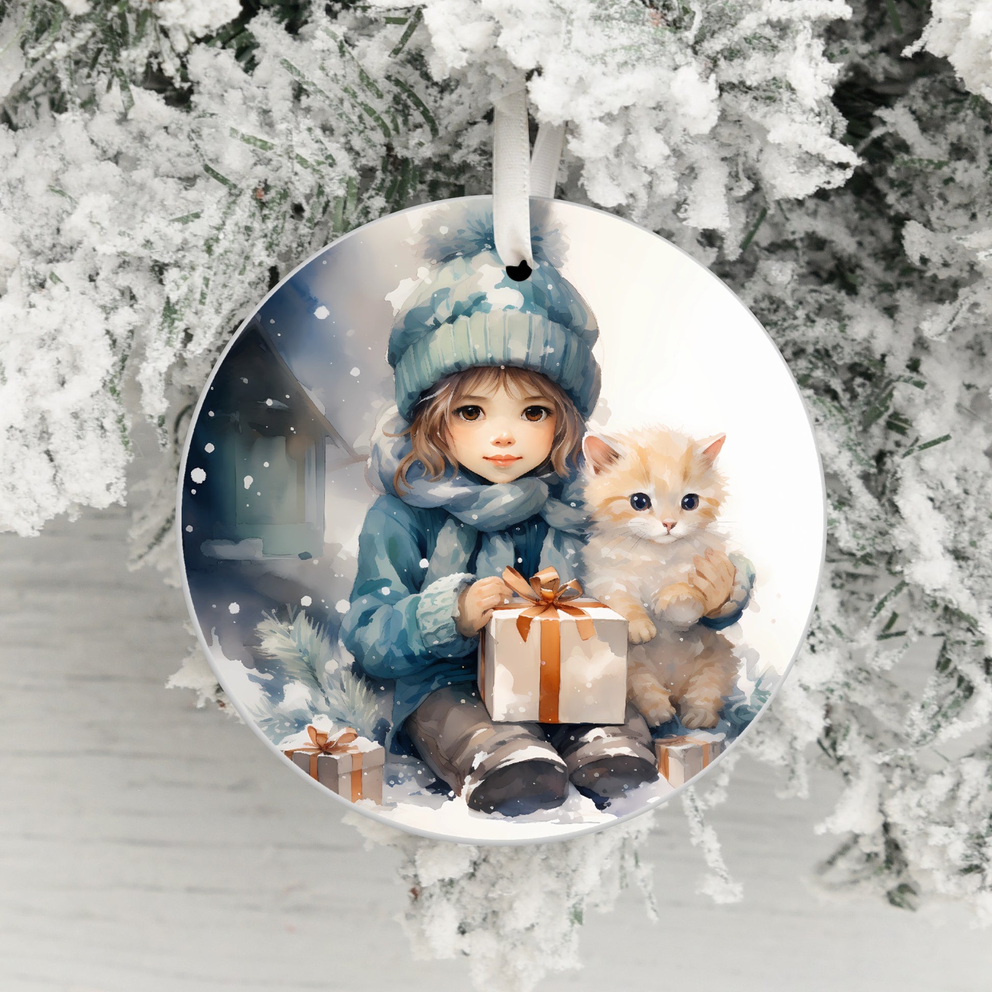 Cute Winter Child with Cat Ornament product