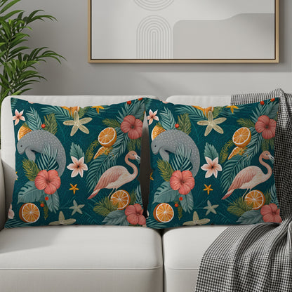 Tropical Flamingo and Manatee Print Decorative Pillow