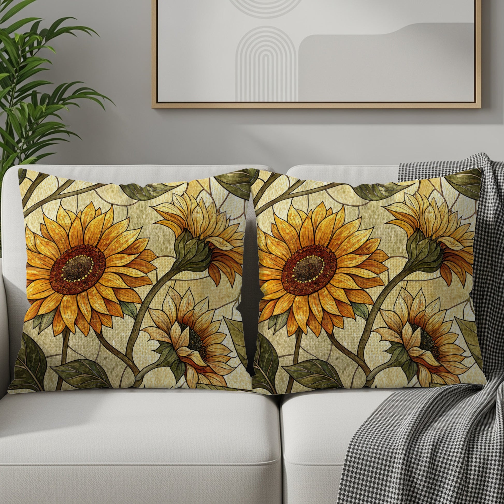 Sunflower Stained Glass Style Pattern Golden Background Throw Pillows - Walk Greener