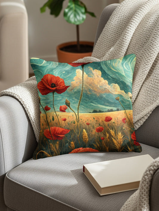 Red Poppy Field Under Sky in Painted Style Throw Pillows - Walk Greener