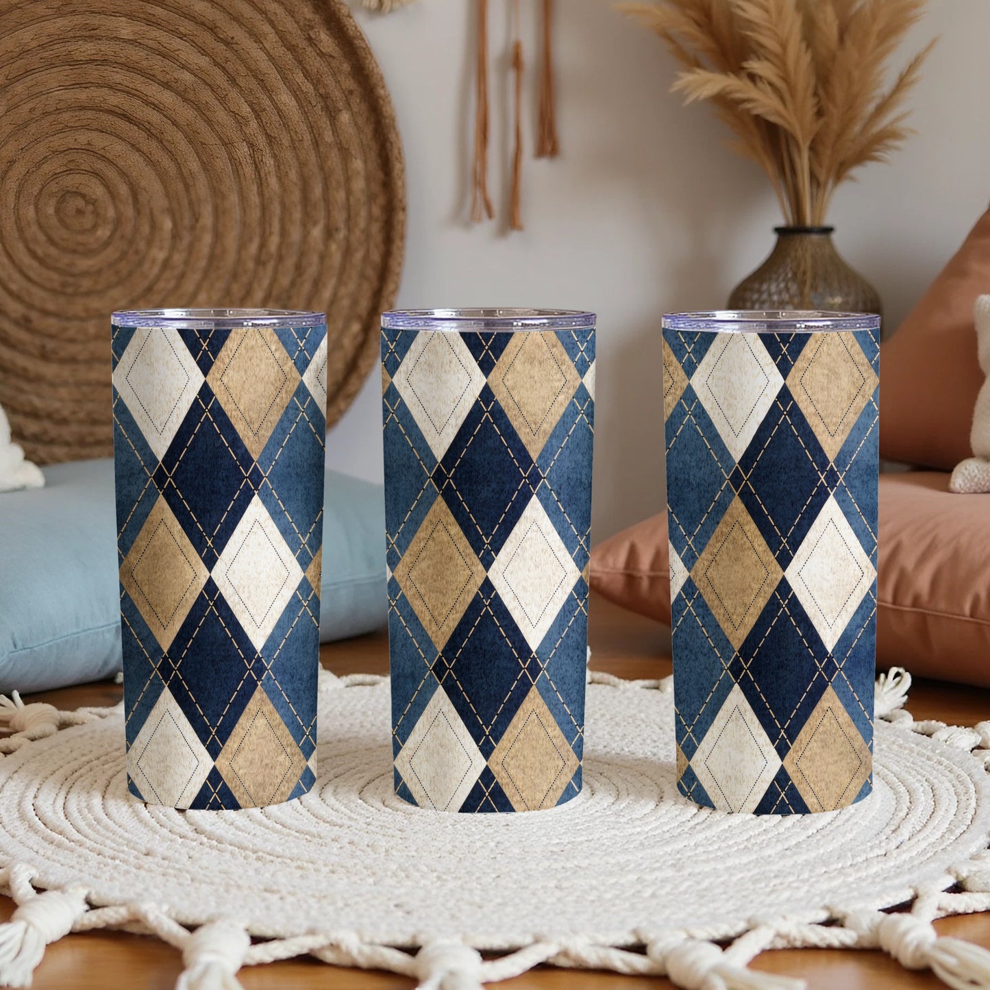 Elegant Argyle Patterned Blue Steel Tumbler Drinkware