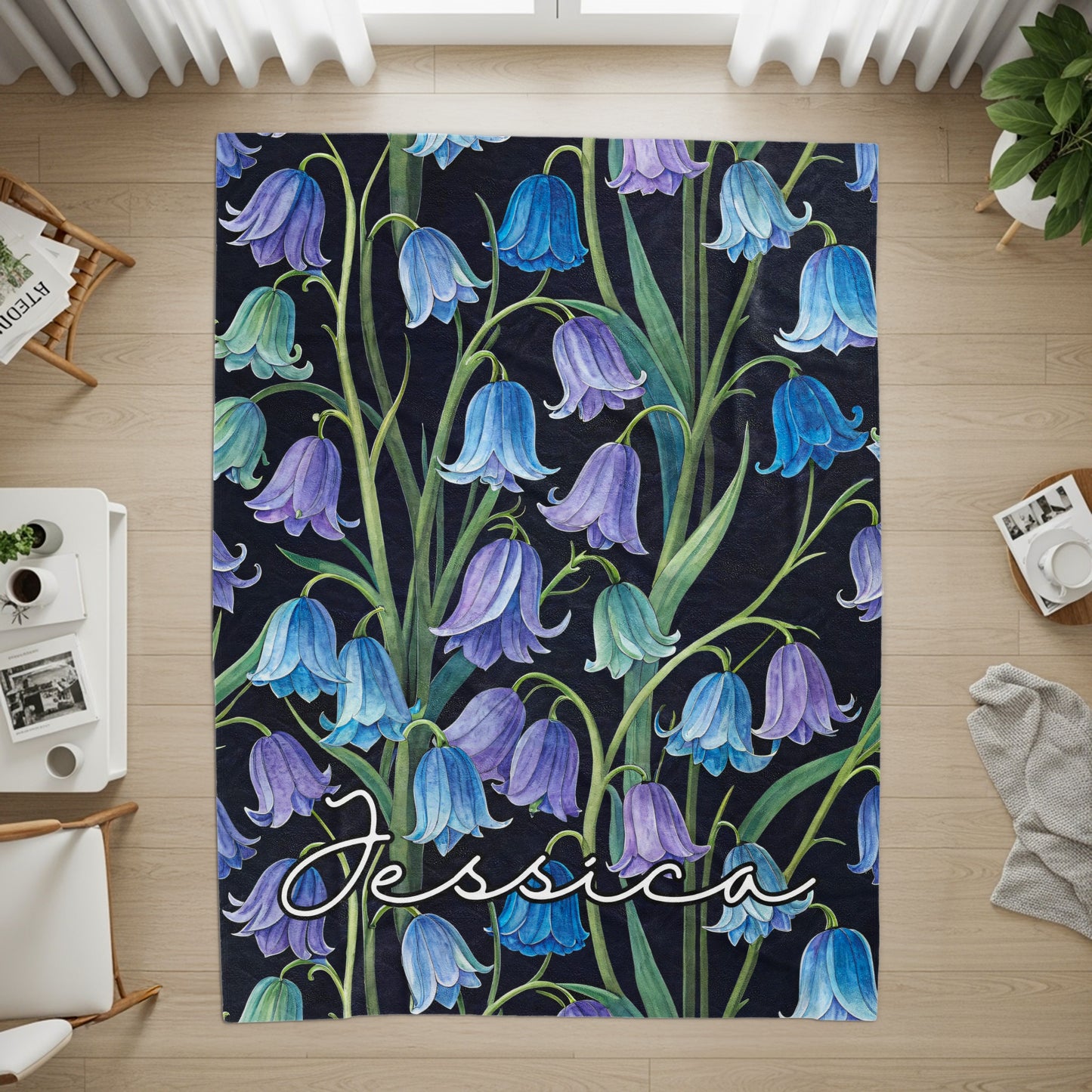 Personalized Floral Blue Purple Bell Flowers Rug