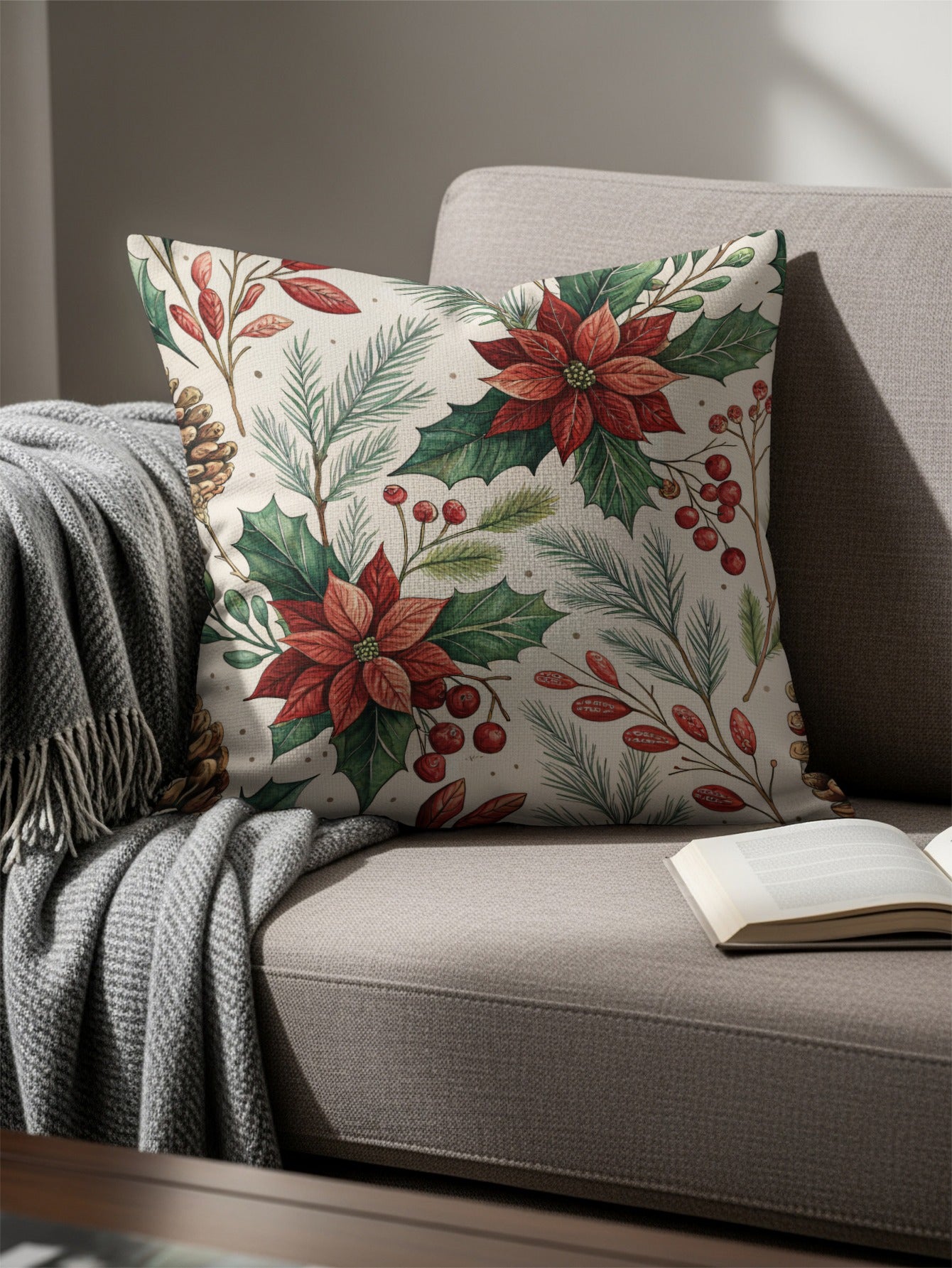 Festive Holiday Poinsettia Pattern Throw Pillow