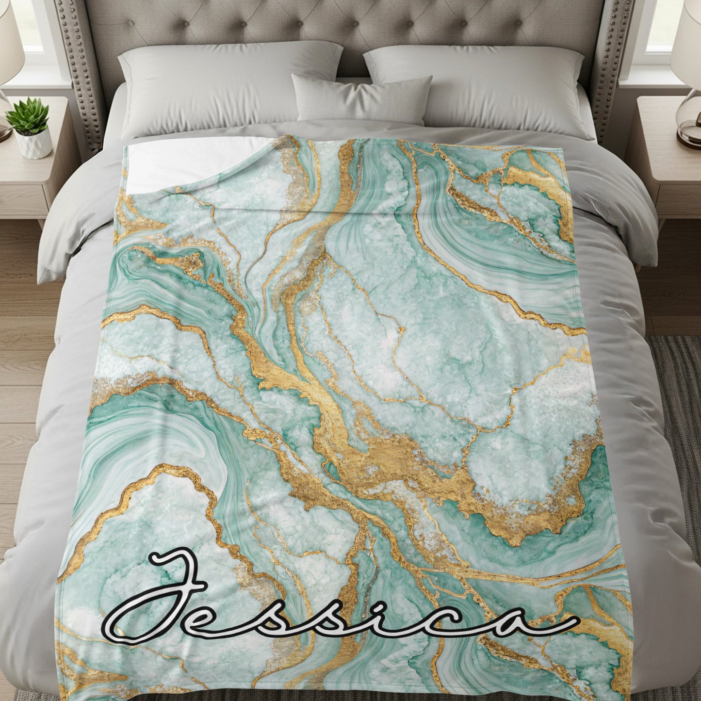 Personalized Green and Gold Marble Pattern Blanket