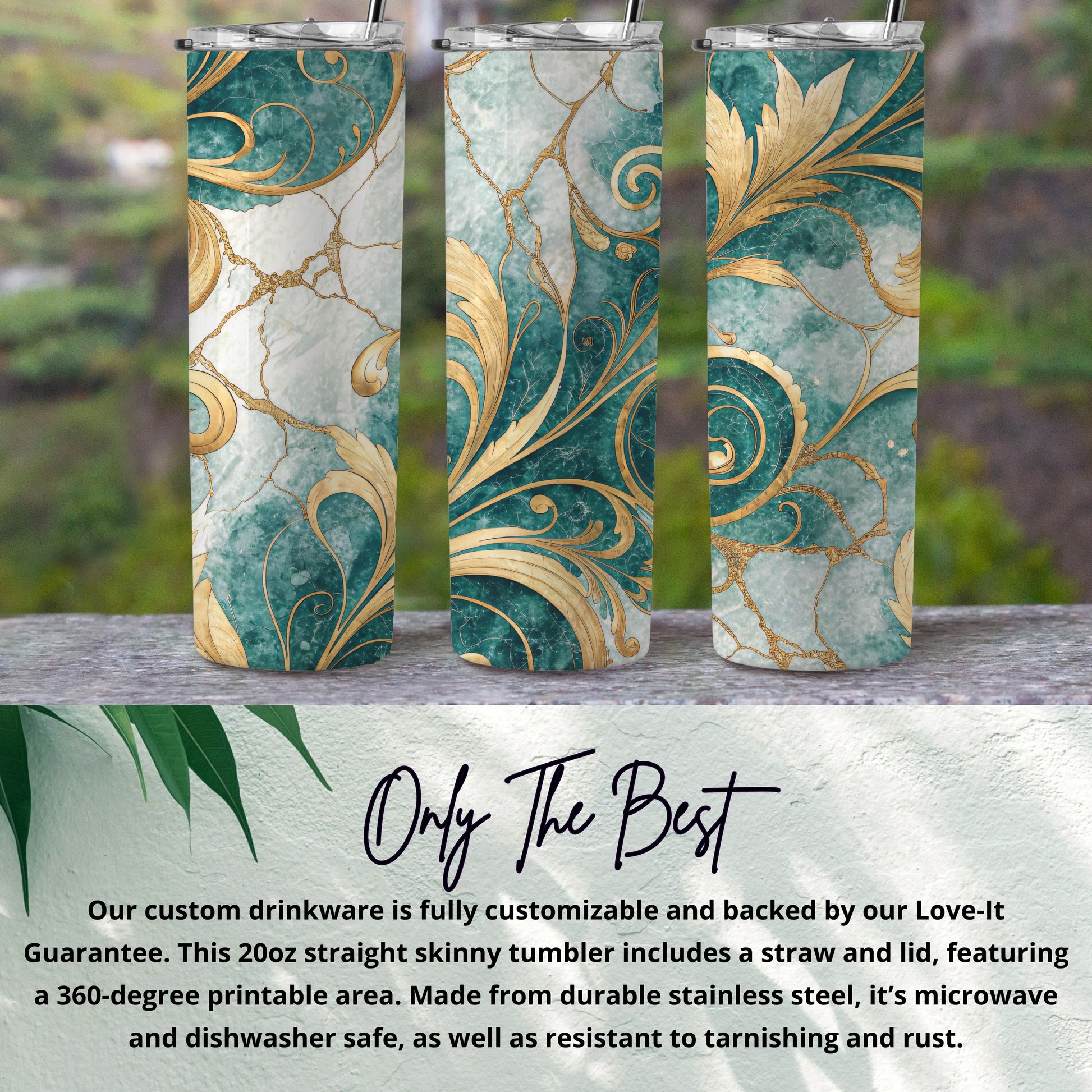 Elegant 20oz Skinny Tumbler with Gold and Teal Design